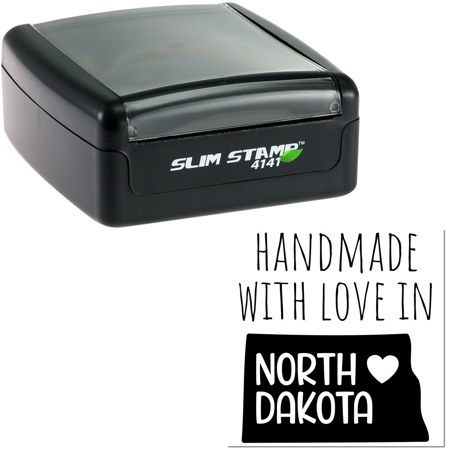 Handmade with Love in North Dakota Slim Pre-Inked Stamp, featuring a sleek black design with 'Slim Stamp 4141' branding, perfect for personalized stamping needs.