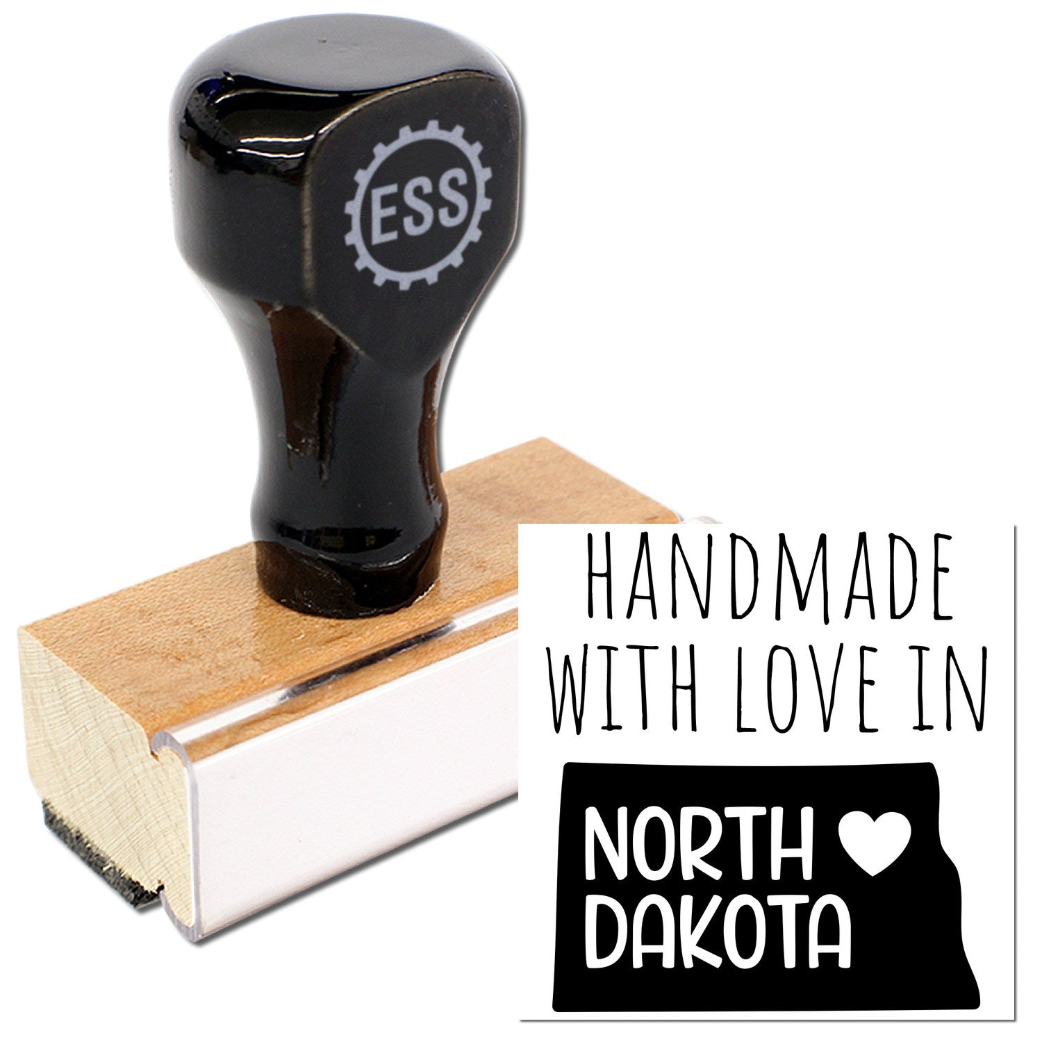 Wood Handle North Dakota Handmade with Love Rubber Stamp featuring a black handle and wooden base, showcasing Handmade with Love in North Dakota text design. Perfect for crafts and gifts.