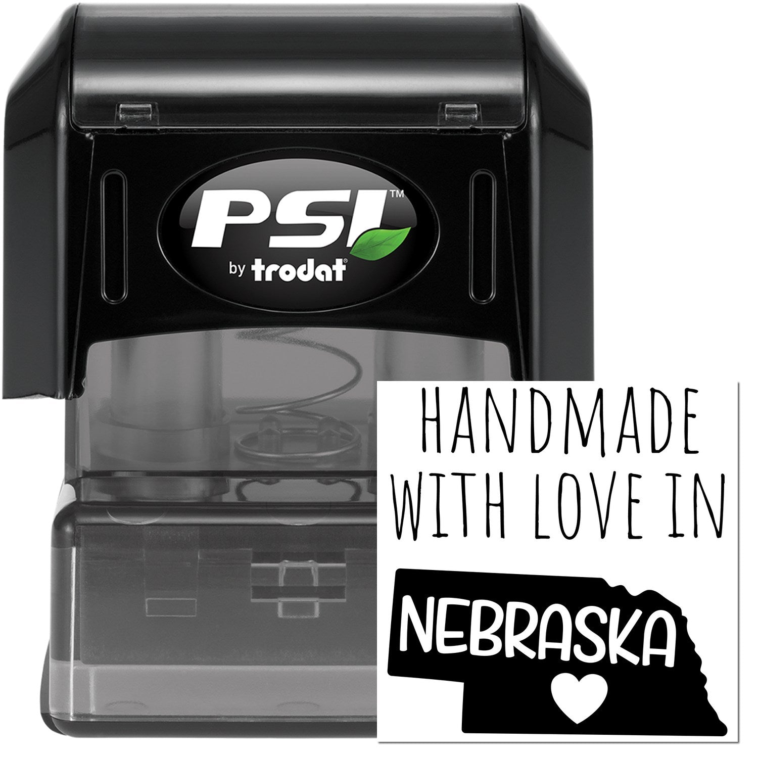 PSI Pre-Inked Handmade with Love in Nebraska stamp, featuring a black casing and a design with the text 'Handmade with Love in Nebraska' and a heart inside the state outline.