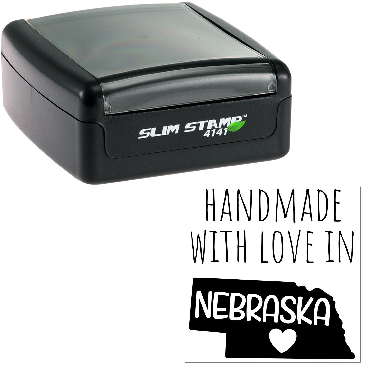 Handmade with Love in Nebraska Slim Pre-Inked Stamp, featuring a sleek black design with 'Slim Stamp 4141' branding, perfect for personalized stamping needs.