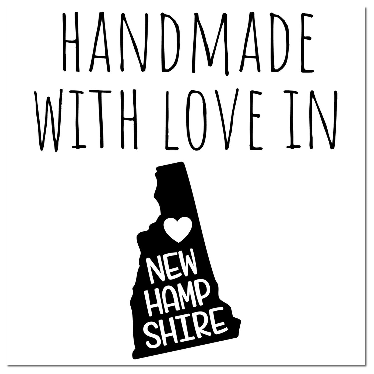 Self-Inking New Hampshire Handmade with Love Stamp featuring a heart and state outline, perfect for crafts and gifts. Black ink imprint on a white background.