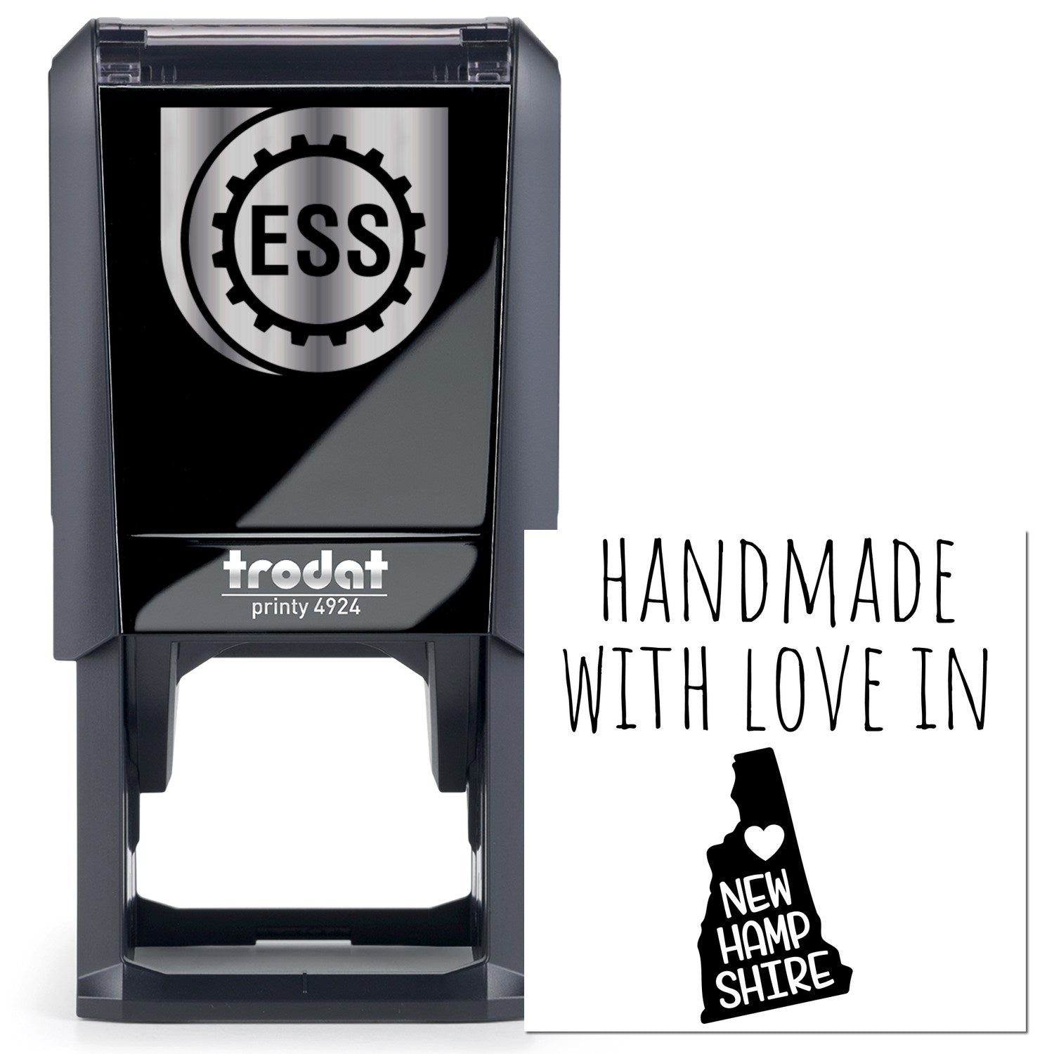 Self-Inking New Hampshire Handmade with Love Stamp featuring a sleek black design and Handmade with Love in New Hampshire text, perfect for crafts and gifts.