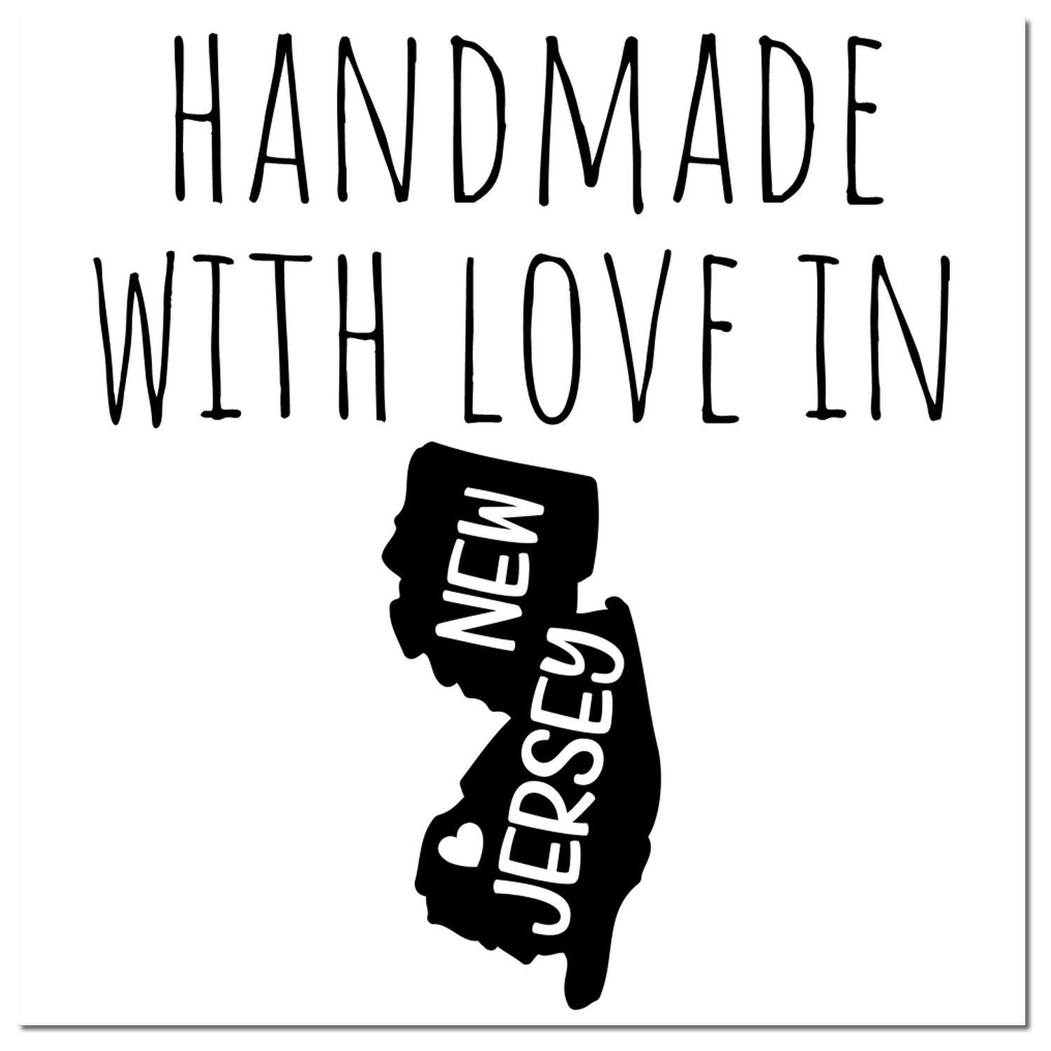 Self-Inking New Jersey Handmade with Love Stamp featuring a black imprint of New Jersey with Handmade with Love text. Perfect for crafts and gifts.