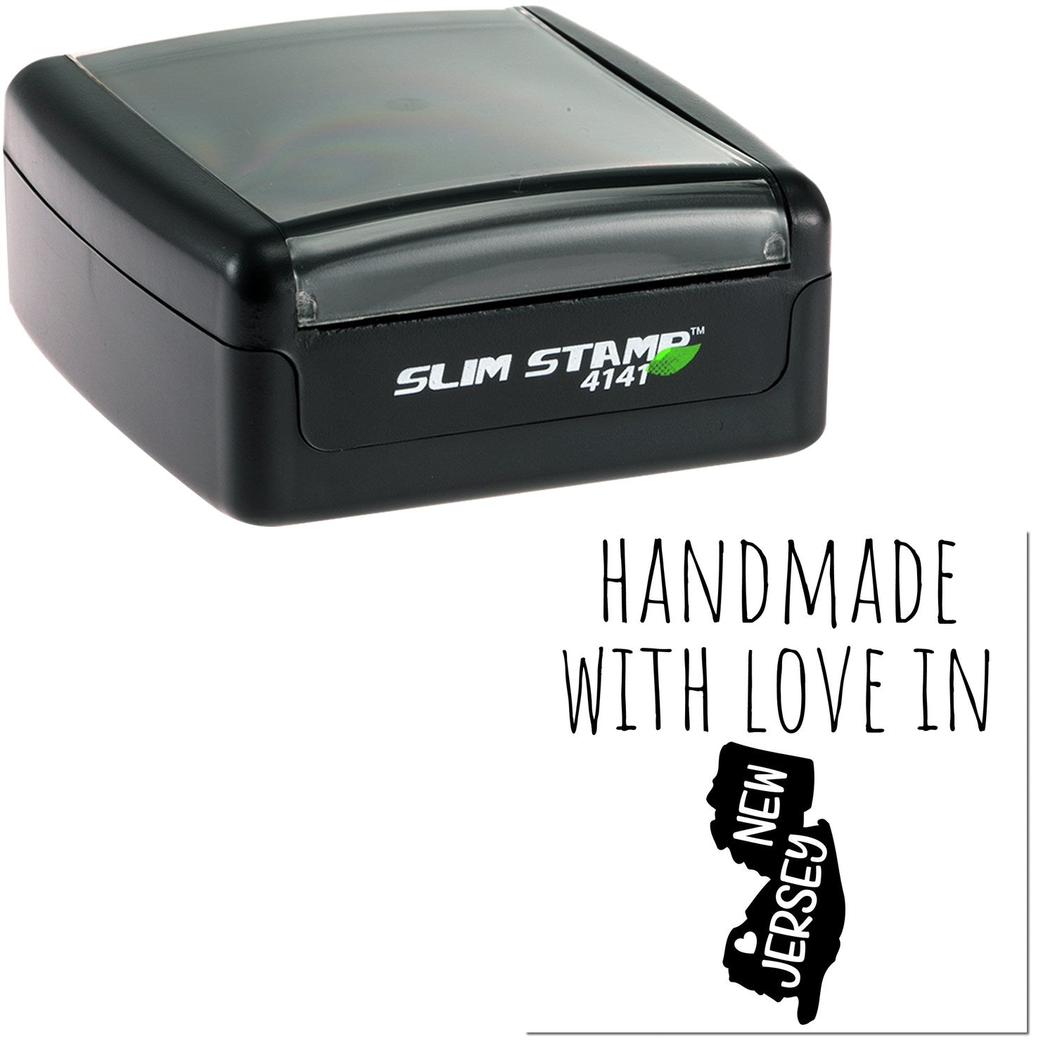 Handmade with Love in New Jersey Slim Pre-Inked Stamp, black casing, featuring New Jersey map design. Compact and efficient for personalized stamping needs.