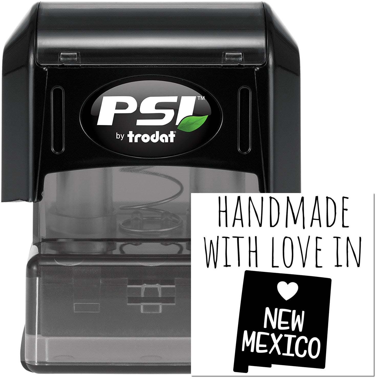 PSI Pre-Inked Handmade with Love in New Mexico stamp, featuring a sleek black design with clear casing and a heart graphic. Perfect for personalized stamping needs.