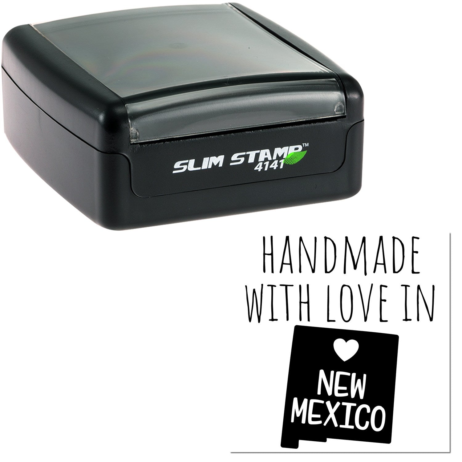 Handmade with Love in New Mexico Slim Pre-Inked Stamp, featuring a sleek black design with 'Slim Stamp 4141' branding, perfect for crafting and office use.