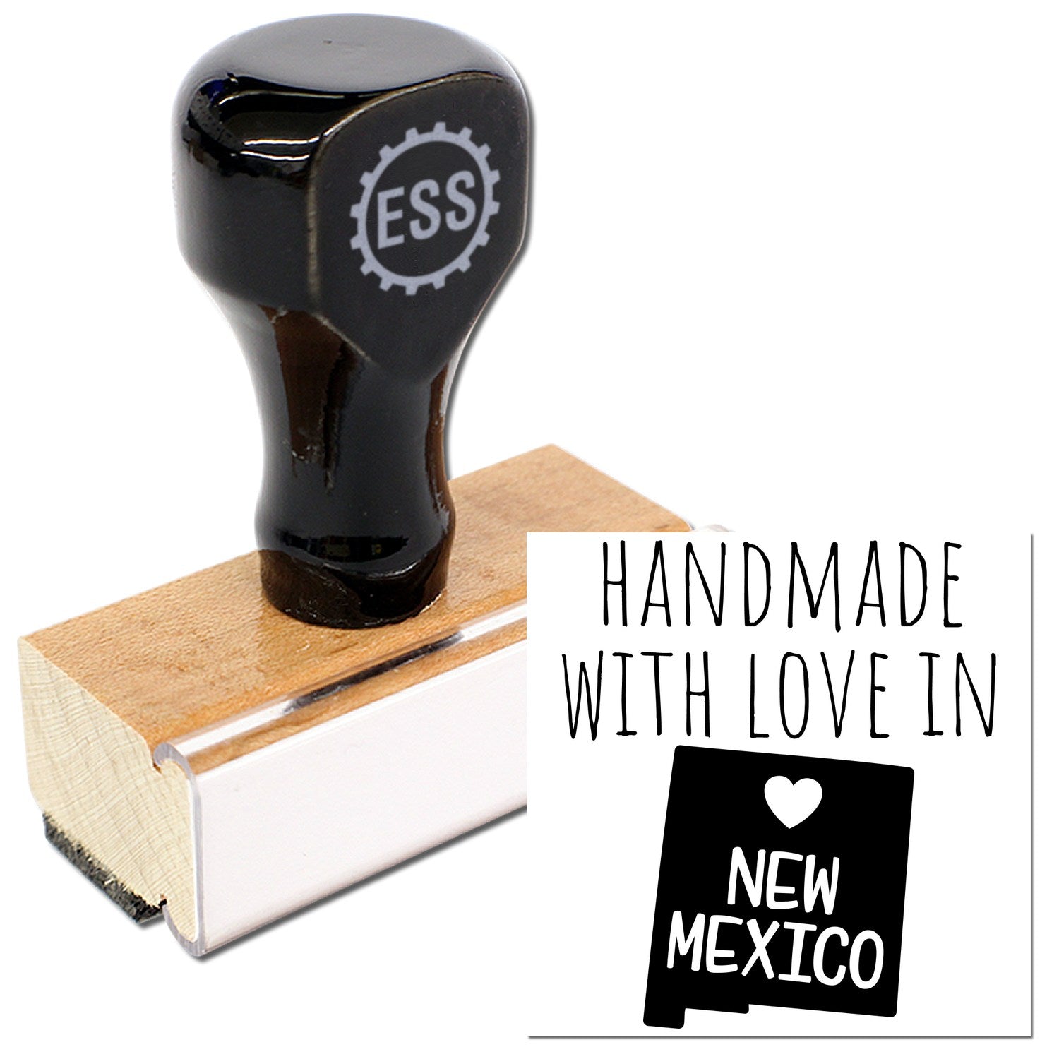 Wood Handle New Mexico Handmade with Love Rubber Stamp featuring a black handle and wooden base, with 'Handmade with Love in New Mexico' imprint design.