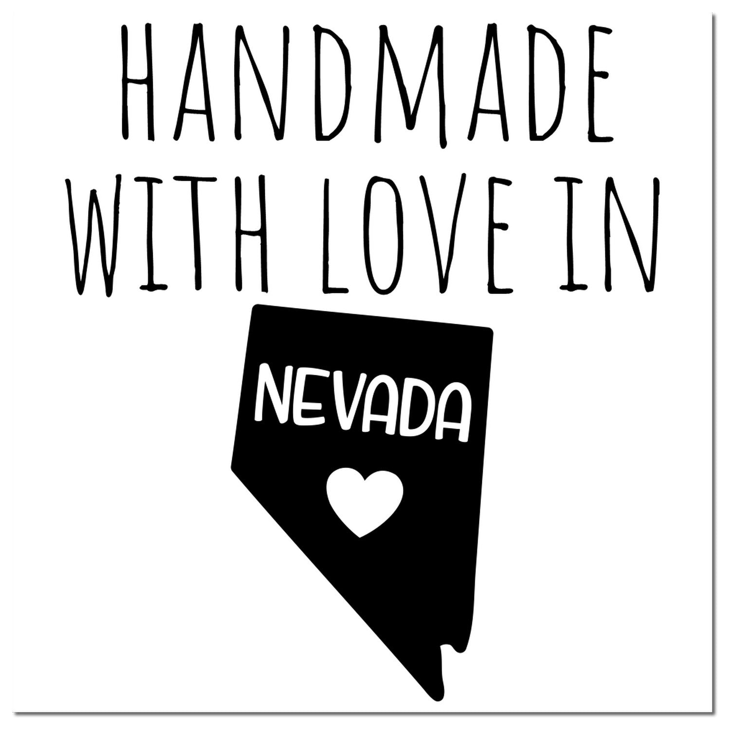 PSI Pre-Inked Handmade with Love in Nevada stamp, featuring a black Nevada silhouette with a heart and 'Nevada' text, perfect for personalized crafts and gifts.