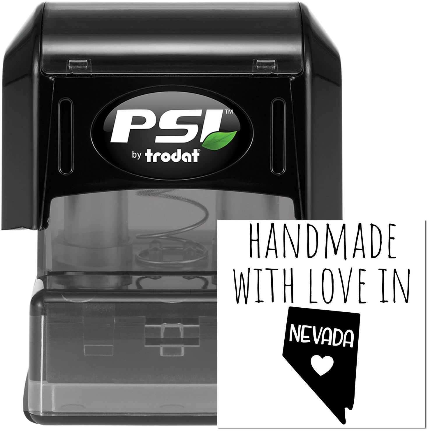 PSI Pre-Inked Handmade with Love in Nevada stamp, featuring a sleek black design and clear imprint area, perfect for personalized stamping needs.