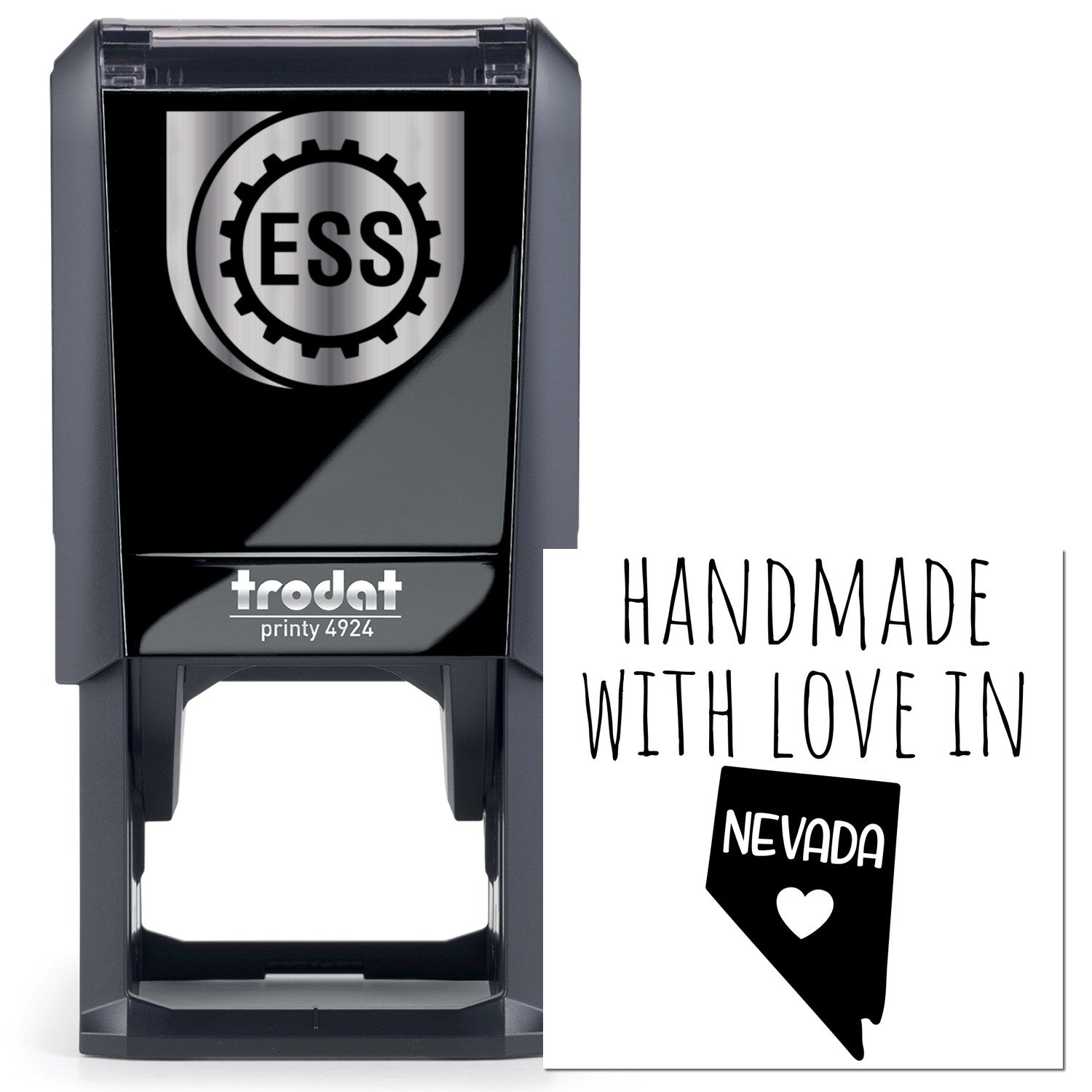 Self-Inking Nevada Handmade with Love Stamp featuring a sleek black design and Handmade with Love in Nevada text, perfect for adding a personal touch to crafts and gifts.