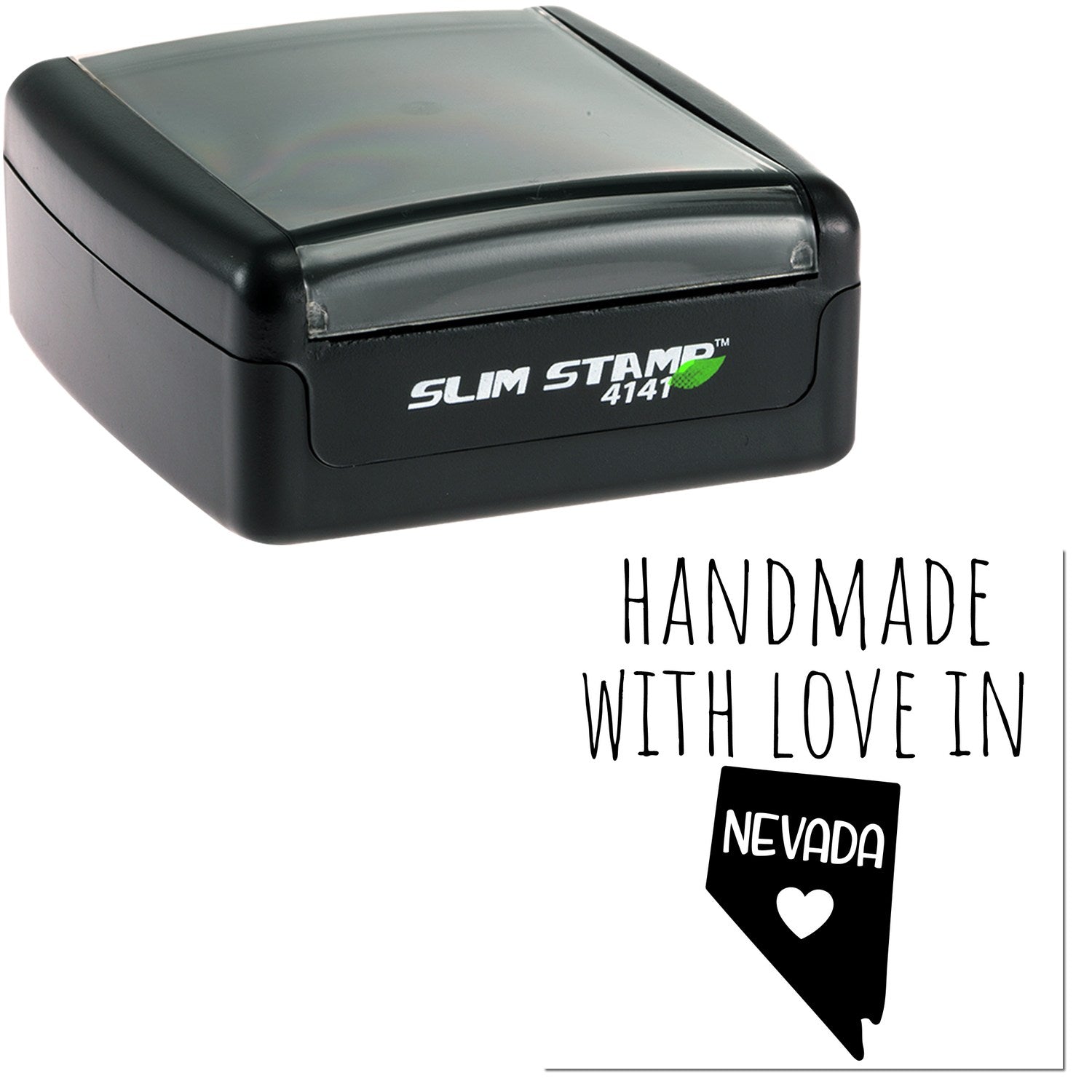 Handmade with Love in Nevada Slim Pre-Inked Stamp, featuring a sleek black design with 'Slim Stamp 4141' branding, perfect for crafting and office use.