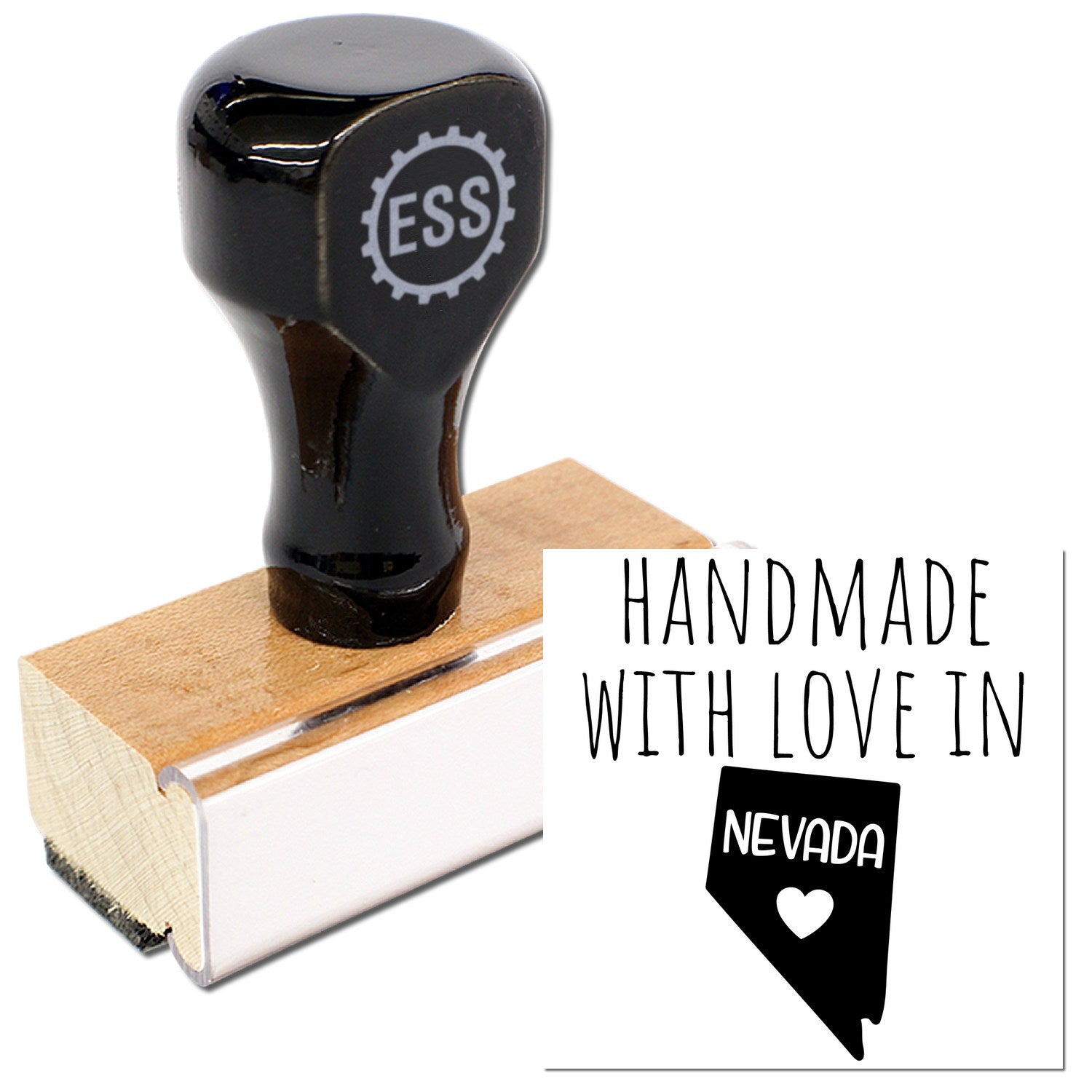 Wood Handle Nevada Handmade with Love Rubber Stamp featuring a sleek black top and sturdy wooden base, perfect for adding a personal touch to crafts and stationery.