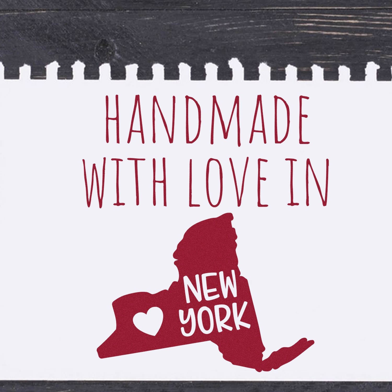 Self-Inking New York Handmade with Love Stamp featuring a red New York state outline and heart design on a white background, perfect for crafts and gifts.