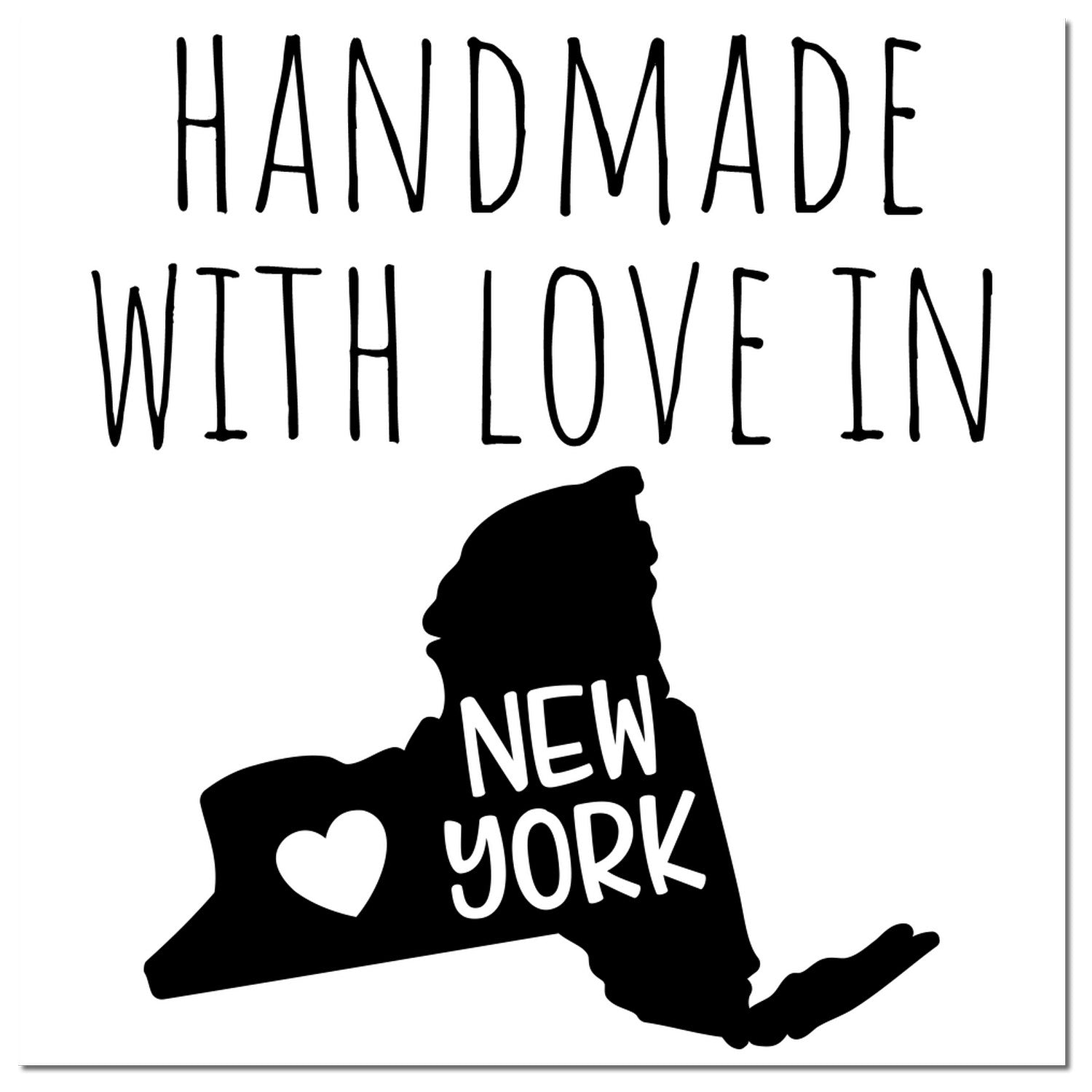 Self-Inking New York Handmade with Love Stamp featuring a black silhouette of New York state with 'Handmade with Love in New York' text and a heart design.