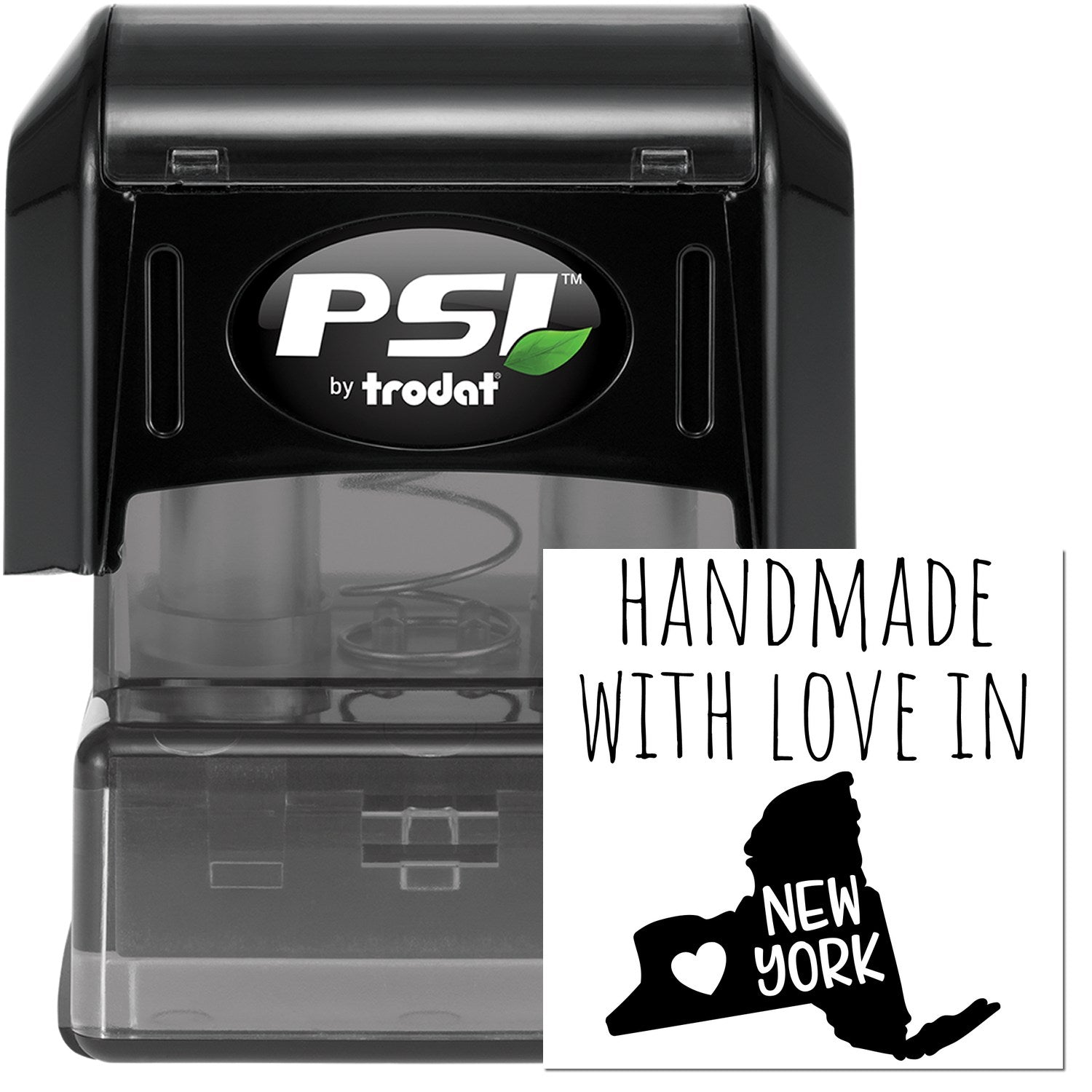 PSI Pre-Inked Handmade with Love in New York stamp, featuring a black casing and a design with a heart and New York state outline.