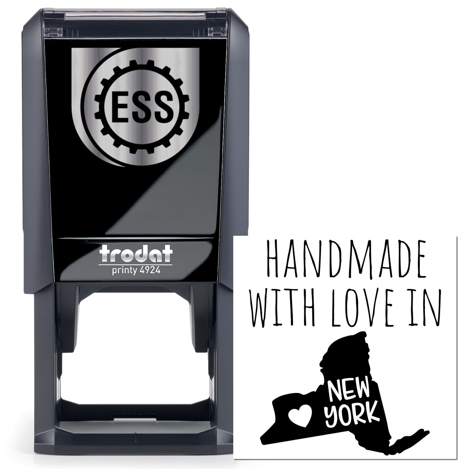 Self-Inking New York Handmade with Love Stamp featuring a sleek black design and Handmade with Love in New York text, perfect for adding a personal touch to crafts and gifts.