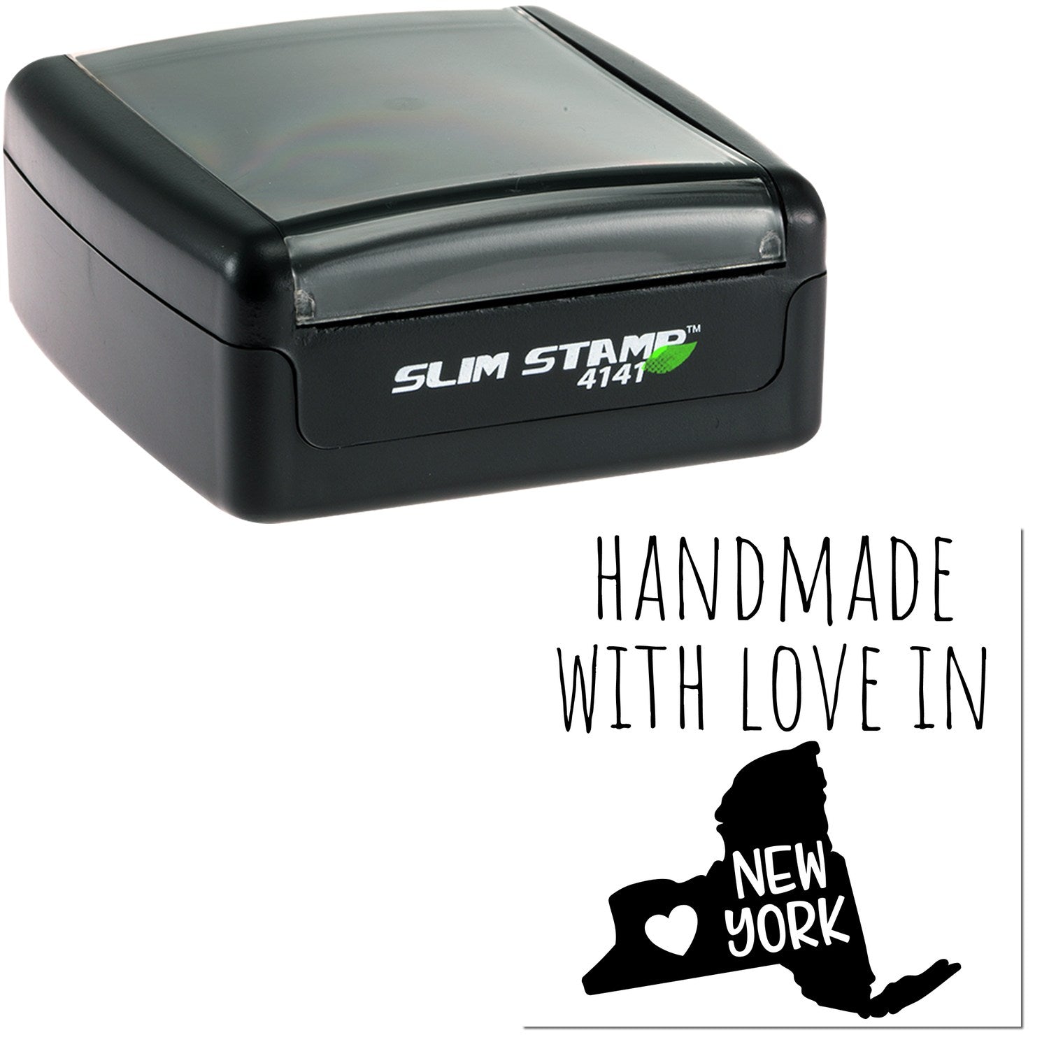 Handmade with Love in New York Slim Pre-Inked Stamp, black casing, compact design, featuring Slim Stamp 4141 logo. Ideal for personalized stamping needs.