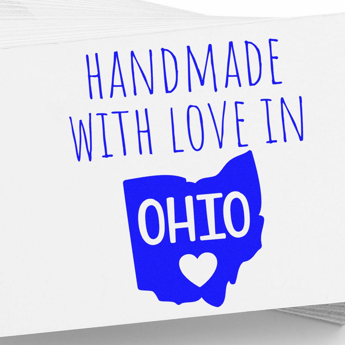 Self-Inking Ohio Handmade with Love Stamp featuring blue text and Ohio state outline with heart, perfect for adding a personal touch to crafts and gifts.