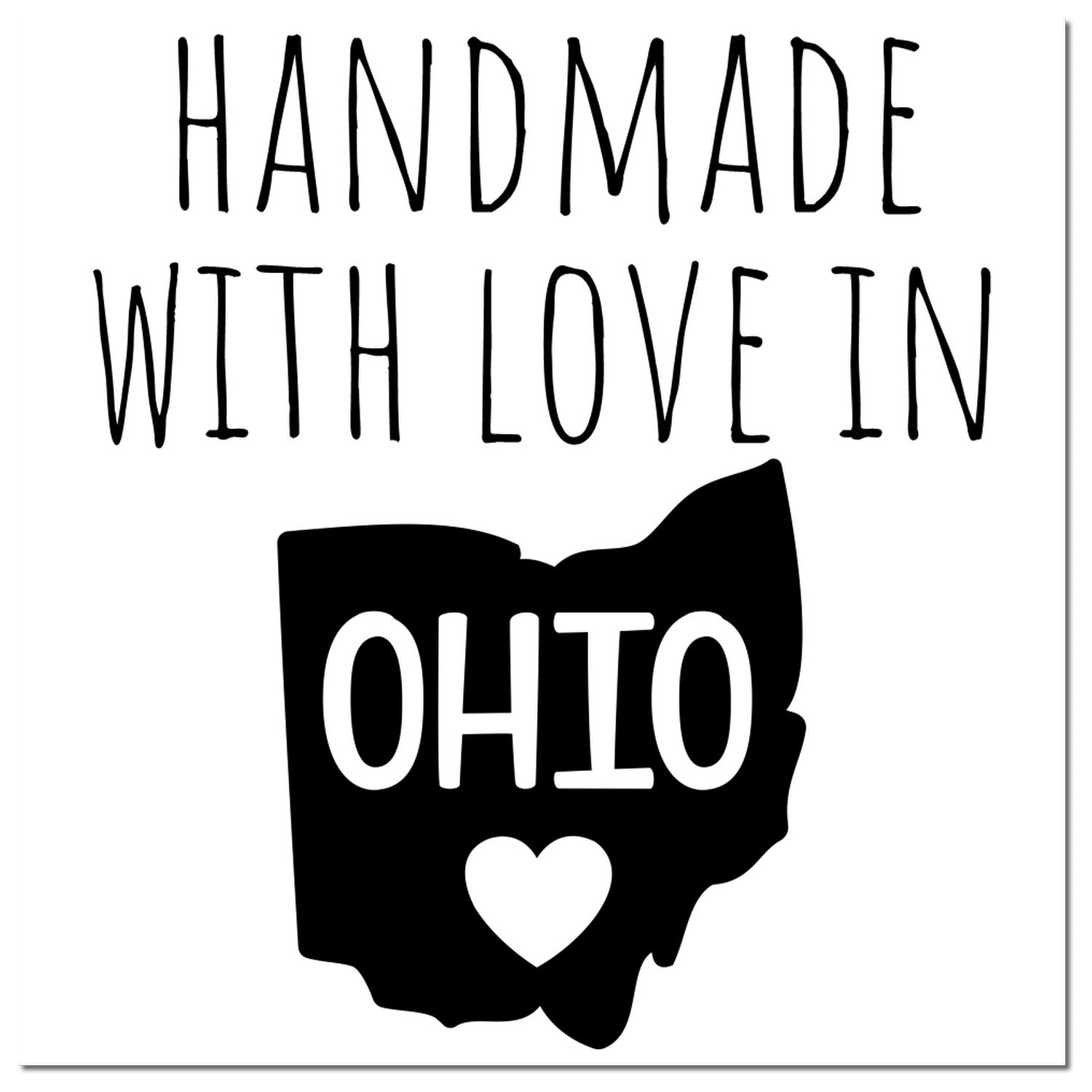 Self-Inking Ohio Handmade with Love Stamp featuring a black imprint of Ohio's outline with Handmade with Love in Ohio text and a heart symbol. Perfect for crafts and gifts.