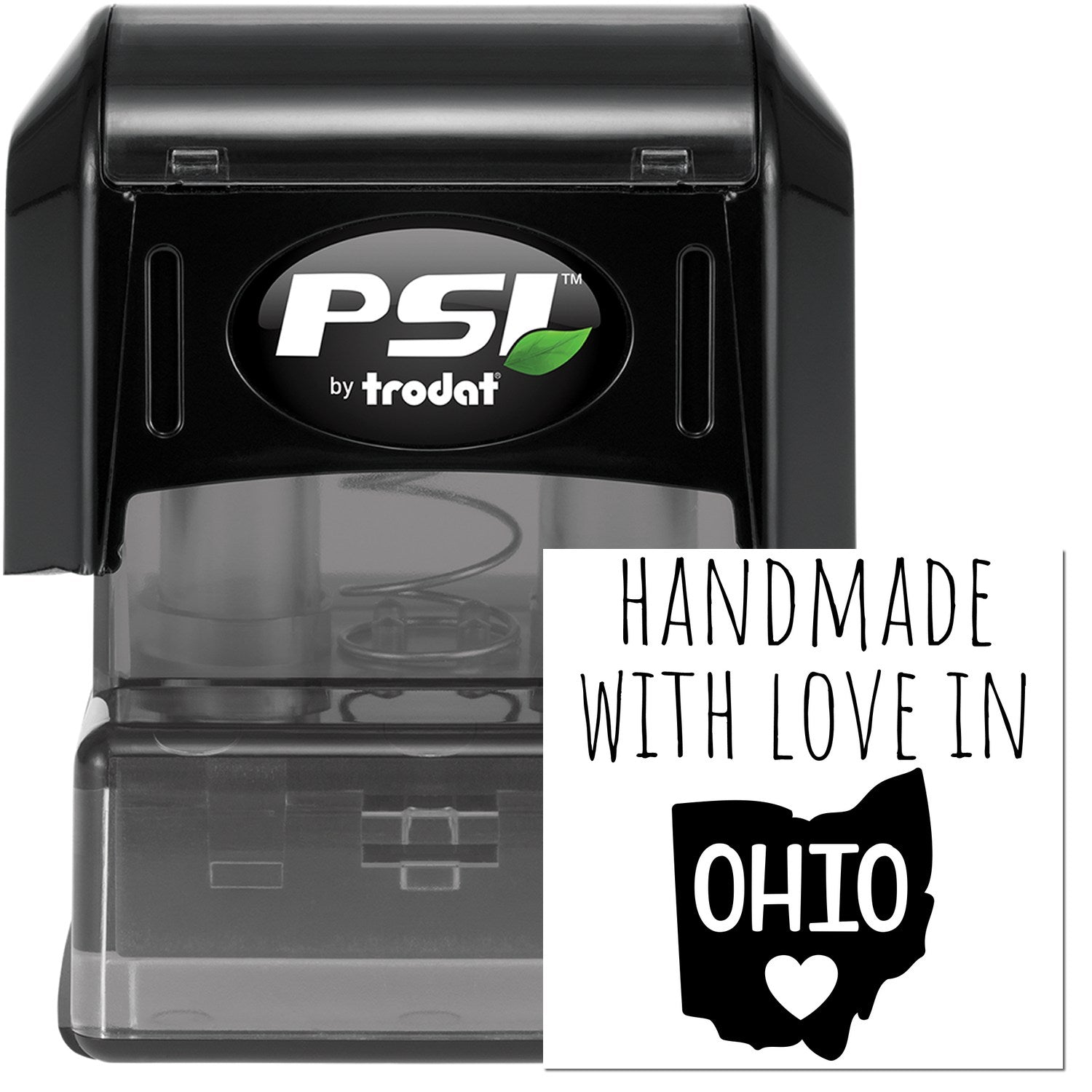 PSI Pre-Inked Handmade with Love in Ohio stamp, featuring a black casing and a design with the outline of Ohio and a heart. Perfect for personalized stamping needs.