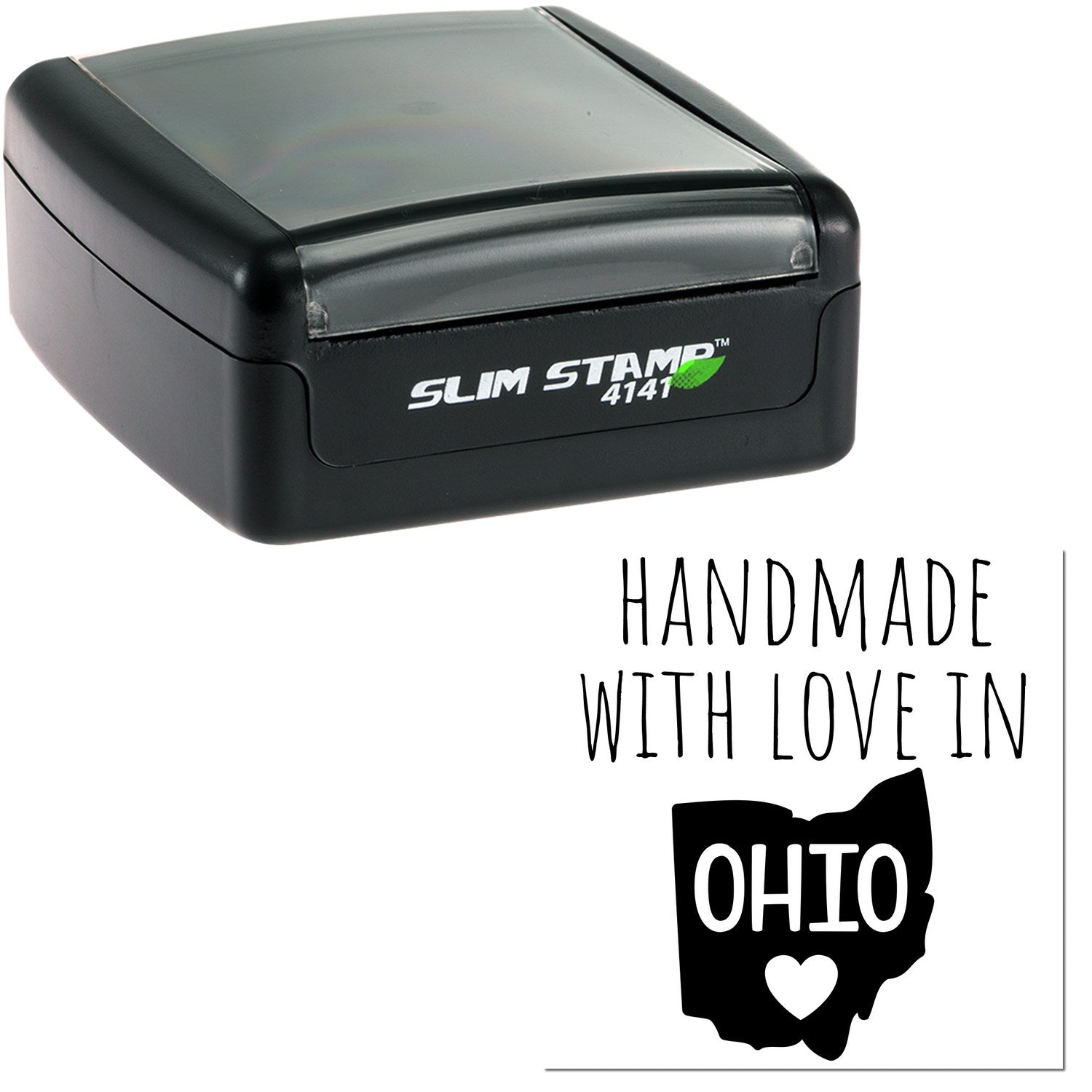 Handmade with Love in Ohio Slim Pre-Inked Stamp, featuring a sleek black design with 'Slim Stamp 4141' branding, and an Ohio state outline with heart graphic.