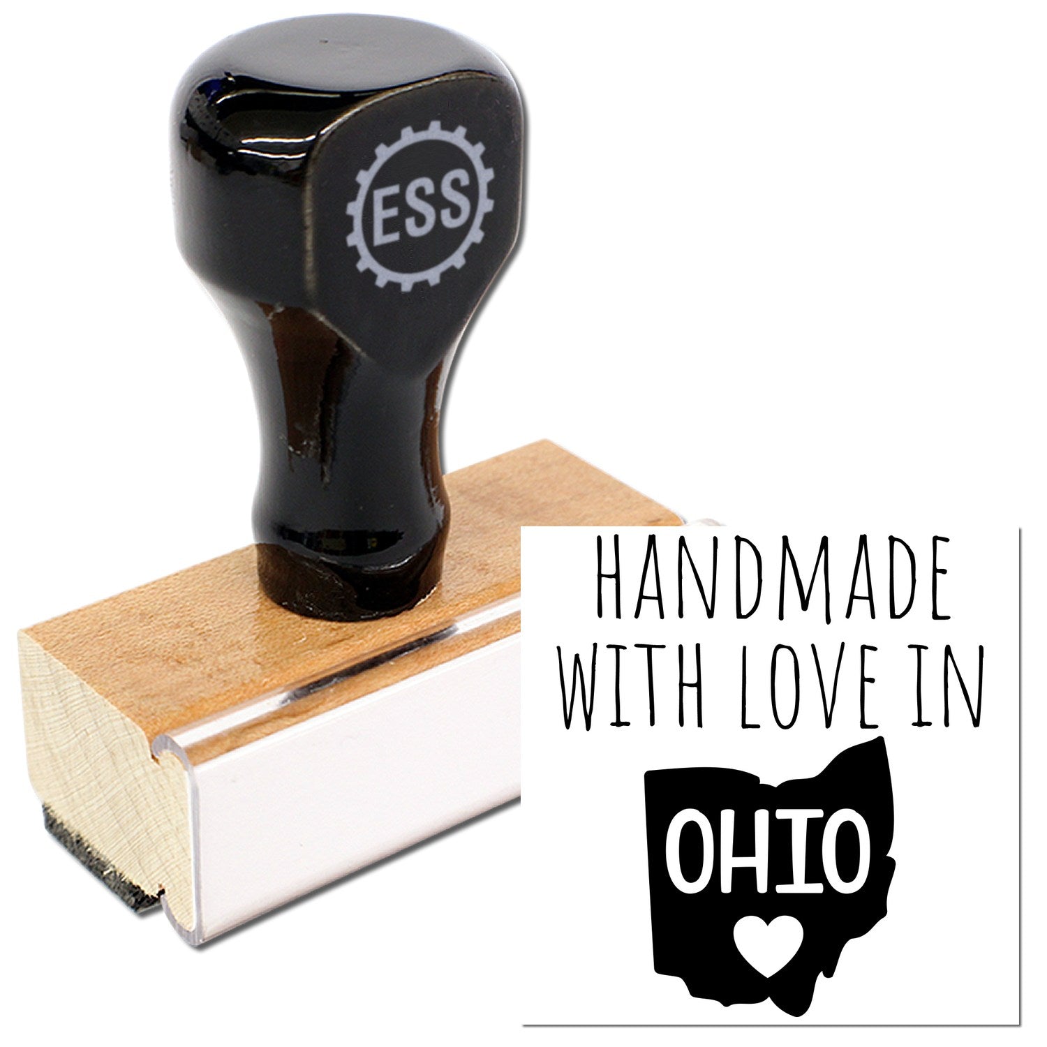 Wood Handle Ohio Handmade with Love Rubber Stamp featuring a black handle and wooden base, showcasing 'Handmade with Love in Ohio' design. Perfect for crafts and personal projects.