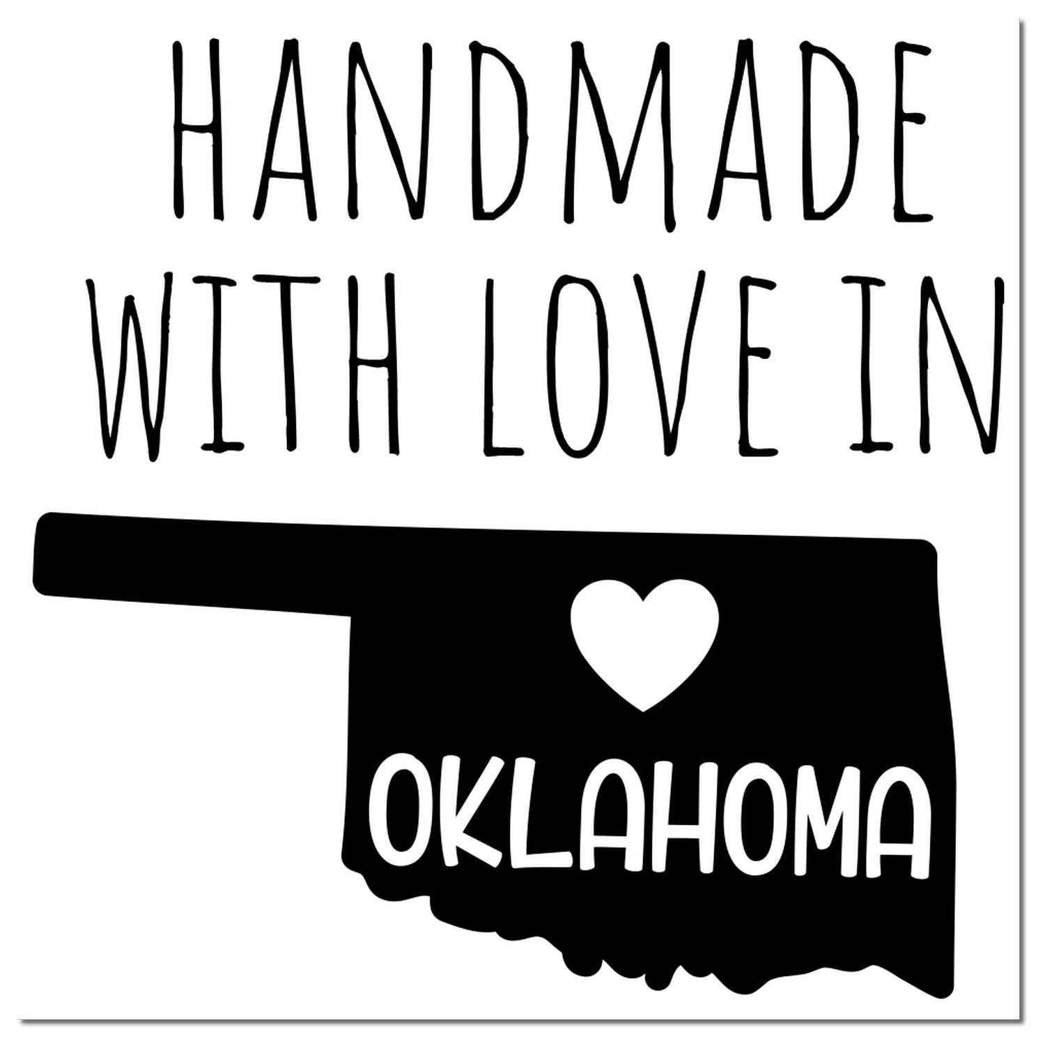 Handmade with Love in Oklahoma Slim Pre-Inked Stamp featuring a black silhouette of Oklahoma with a heart and bold text. Perfect for crafts and personalized projects.