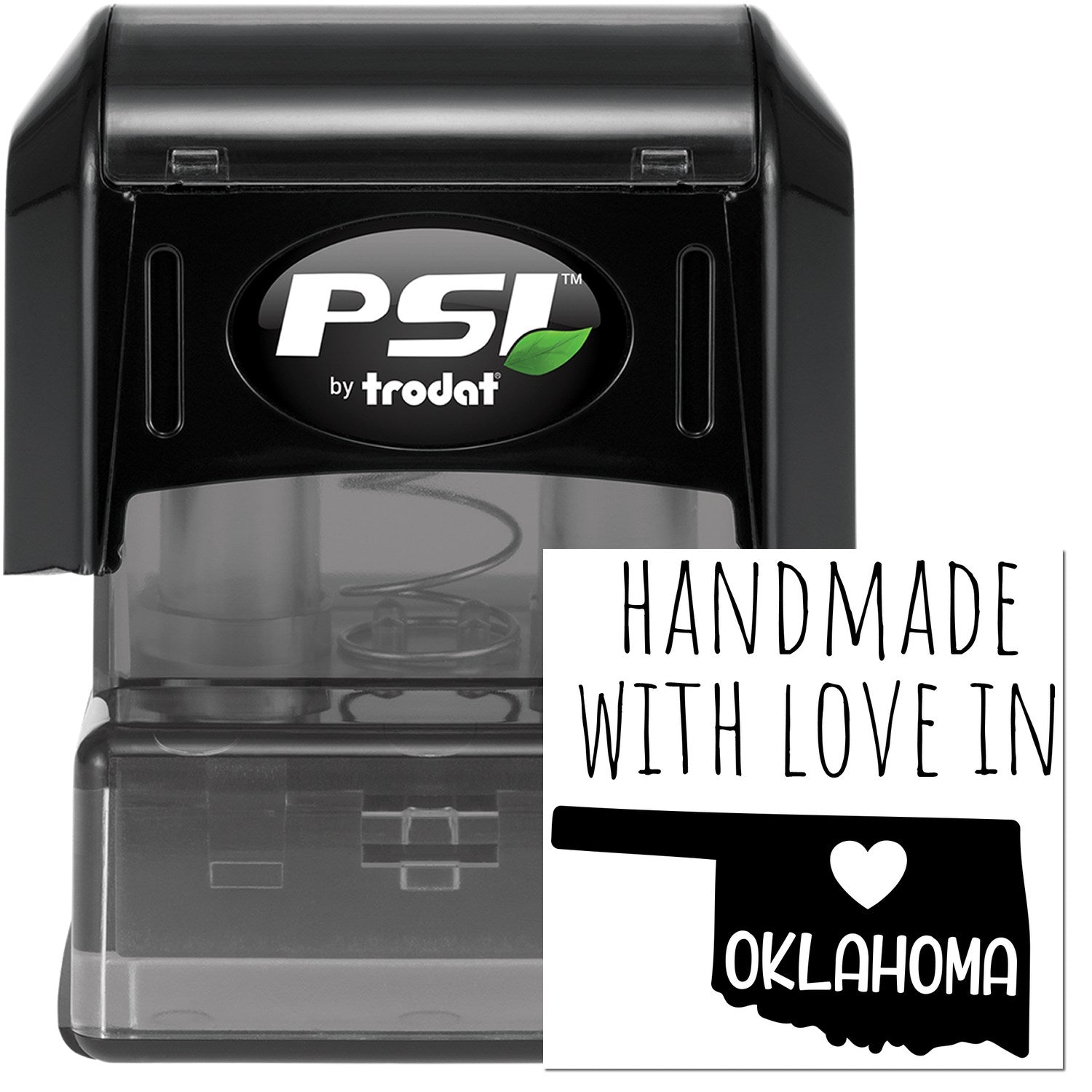 PSI Pre-Inked Handmade with Love in Oklahoma stamp, featuring a black casing and a design with the state outline and heart, perfect for personalized crafting and stationery.