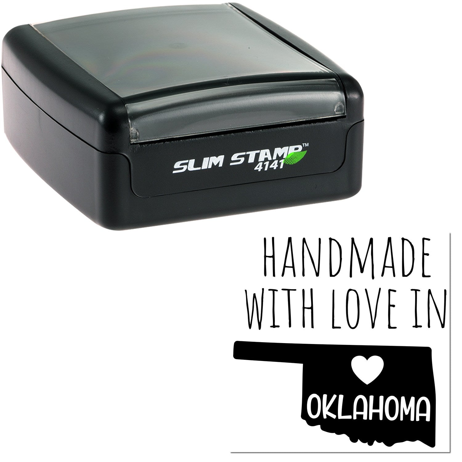 Handmade with Love in Oklahoma Slim Pre-Inked Stamp, featuring a sleek black design with Slim Stamp 4141 branding, perfect for crafting and office use.