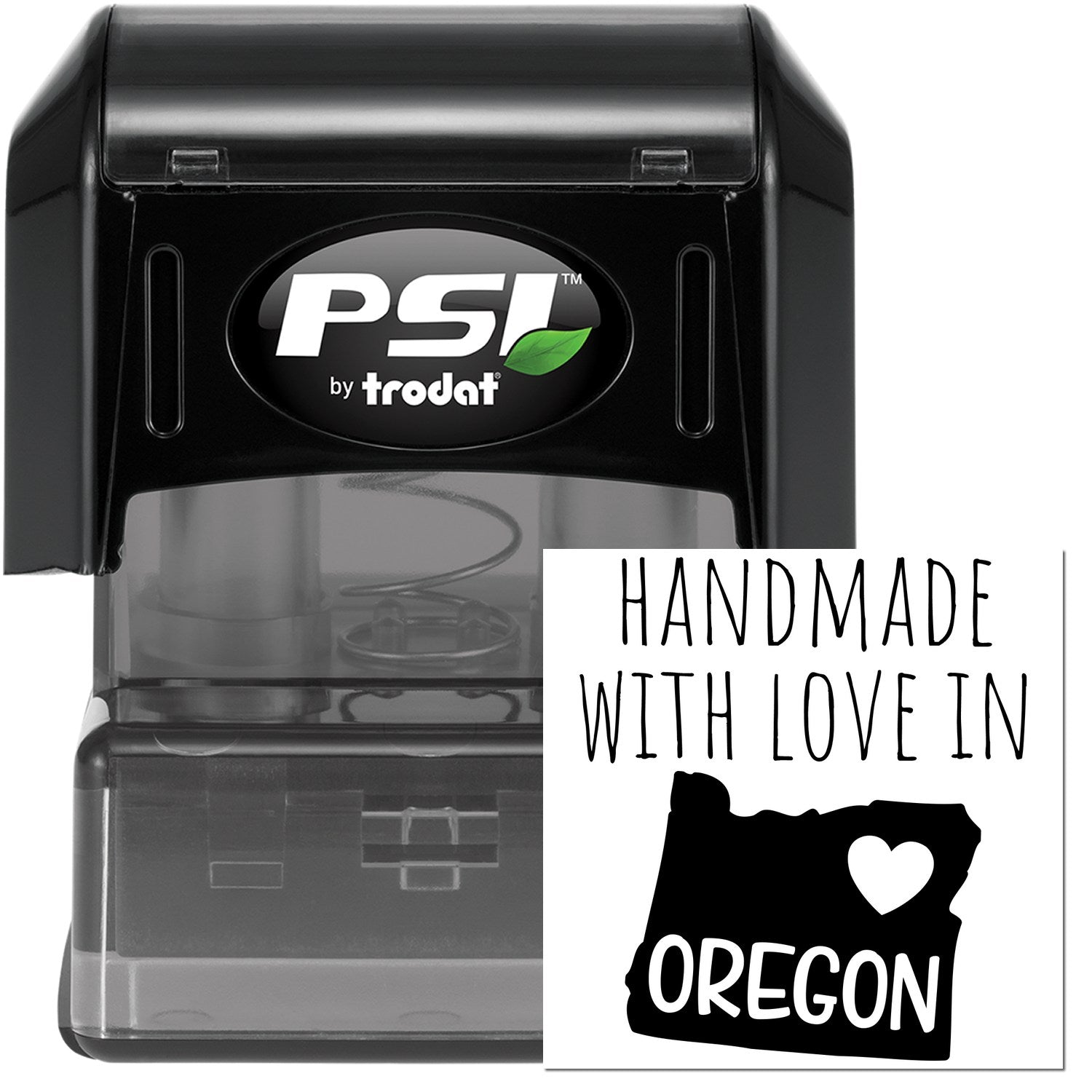 PSI Pre-Inked Handmade with Love in Oregon stamp, featuring a black casing and a design with the state outline and heart. Perfect for personalized stamping needs.