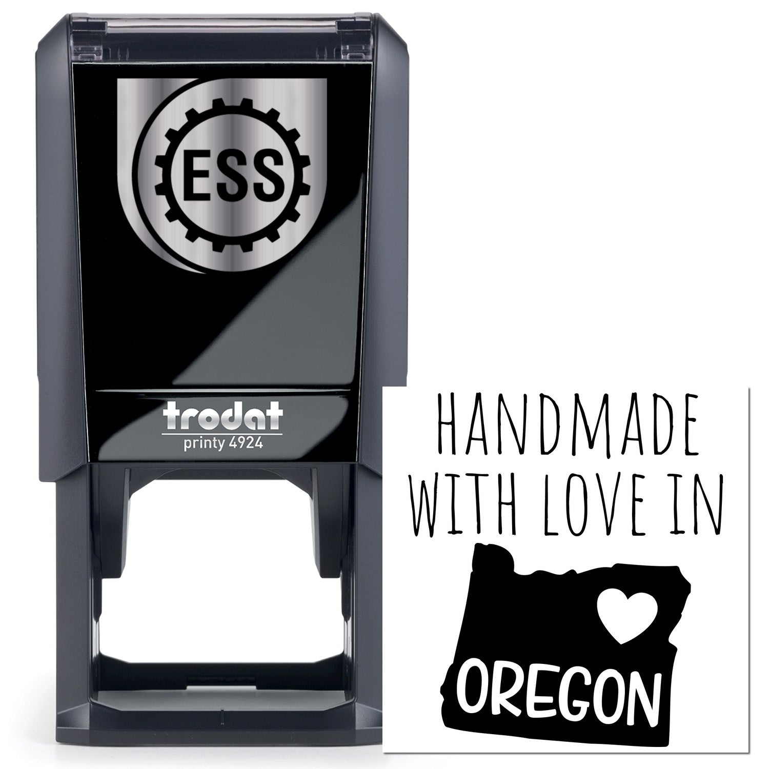 Self-Inking Oregon Handmade with Love Stamp featuring a black casing and Handmade with Love in Oregon design. Perfect for crafts and personalized projects.