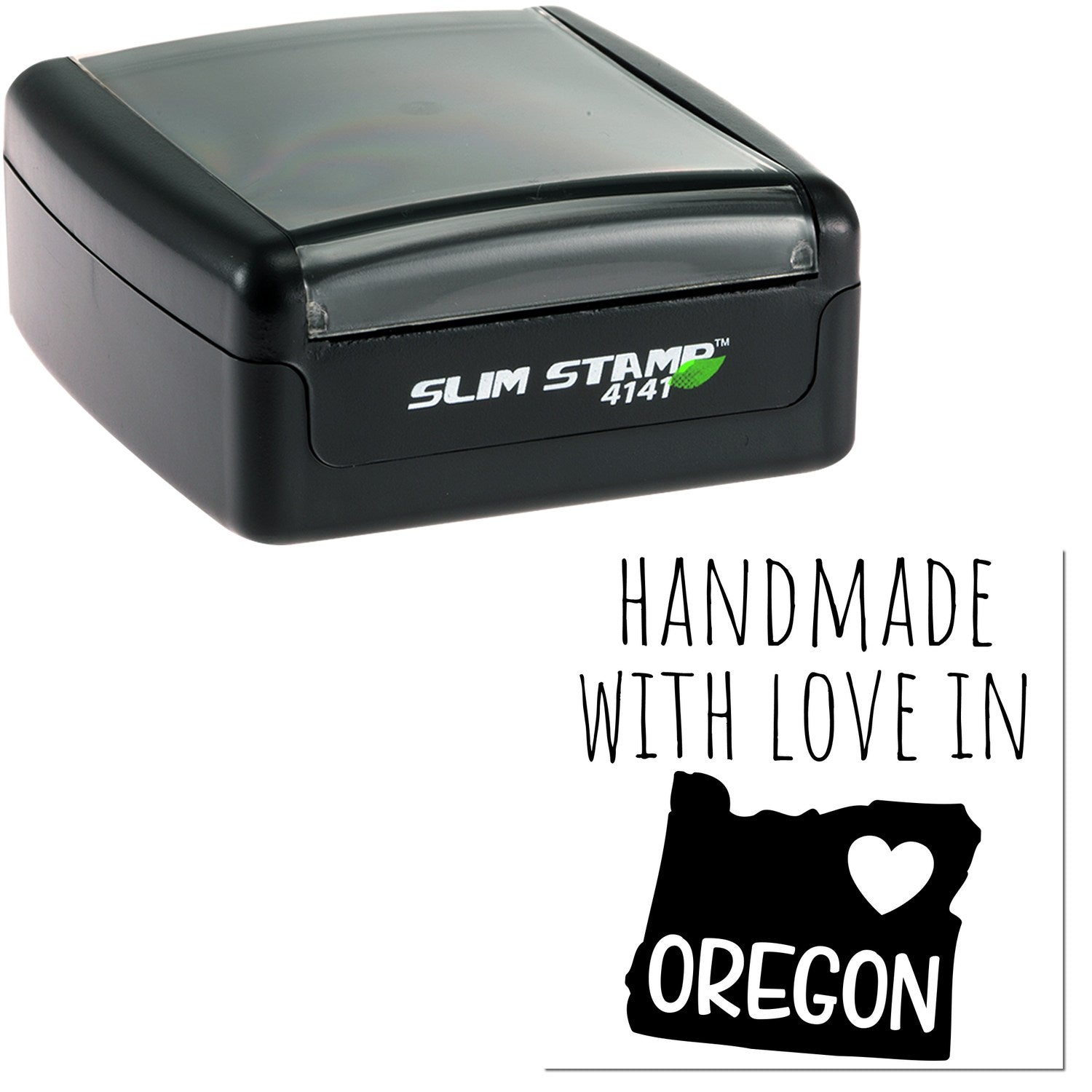 Handmade with Love in Oregon Slim Pre-Inked Stamp, featuring a compact black design with 'Slim Stamp 4141' branding and a heart-shaped Oregon graphic.