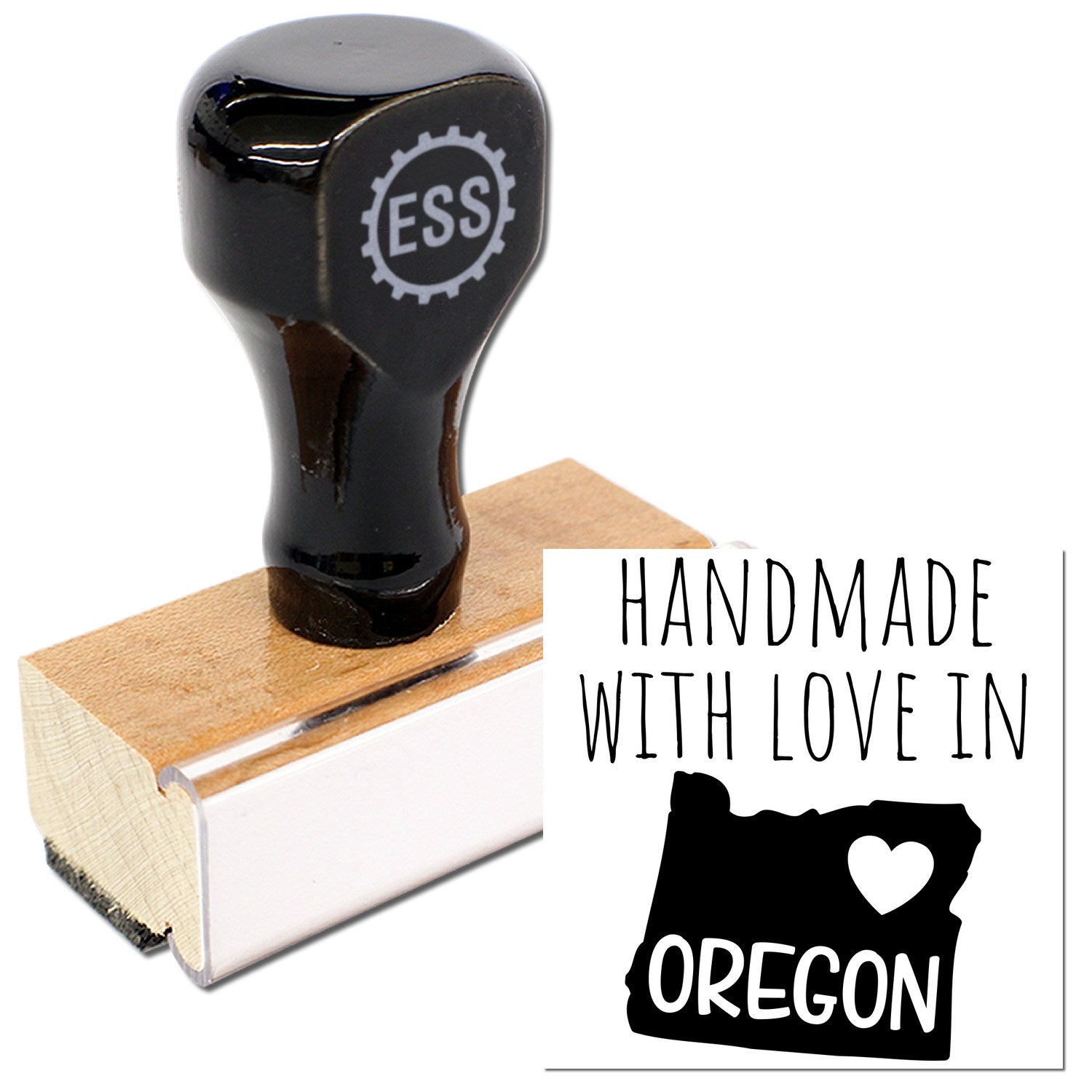 Wood Handle Oregon Handmade with Love Rubber Stamp featuring a black handle and wooden base, with Handmade with Love in Oregon text and heart graphic. Perfect for crafts and gifts.