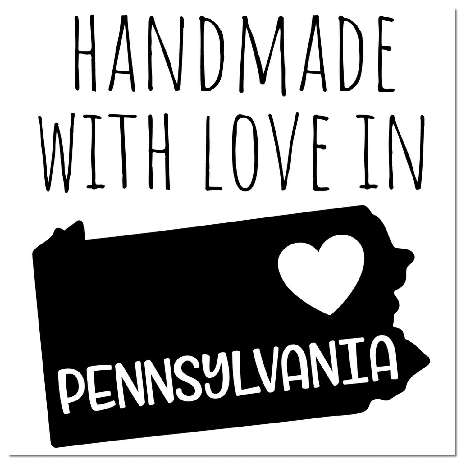 Self-Inking Pennsylvania Handmade with Love Stamp featuring a black silhouette of Pennsylvania with a heart, and text Handmade with Love in Pennsylvania. Perfect for crafts and gifts.