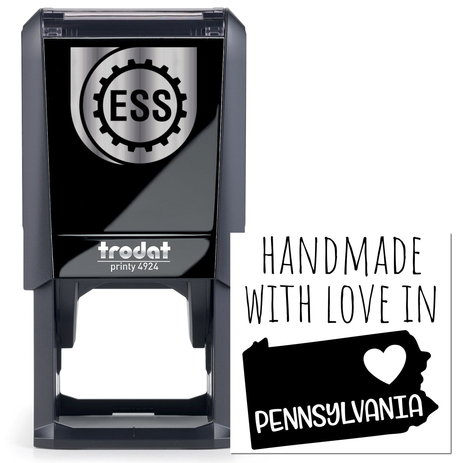 Self-Inking Pennsylvania Handmade with Love Stamp featuring a black casing and Handmade with Love in Pennsylvania text with a heart and state outline. Perfect for crafts and gifts.