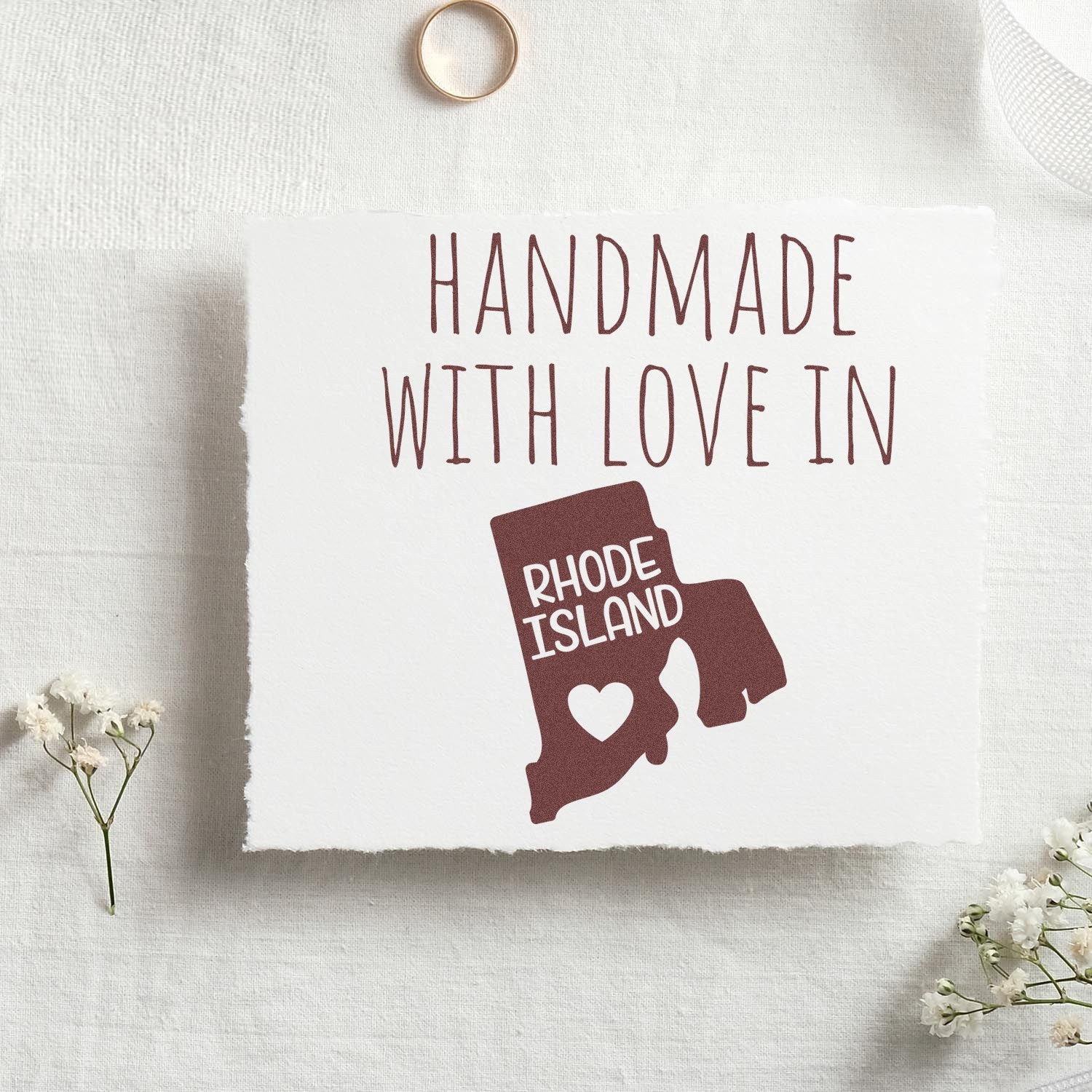 Wood Handle Rhode Island Handmade with Love Rubber Stamp on white paper with 'Handmade with Love in Rhode Island' text, featuring a heart design. Perfect for crafts and gifts.