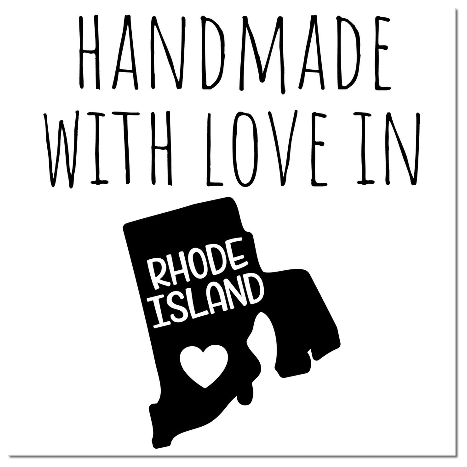 Handmade with Love in Rhode Island Slim Pre-Inked Stamp featuring a black imprint of Rhode Island with a heart, showcasing a personalized design for crafts and gifts.