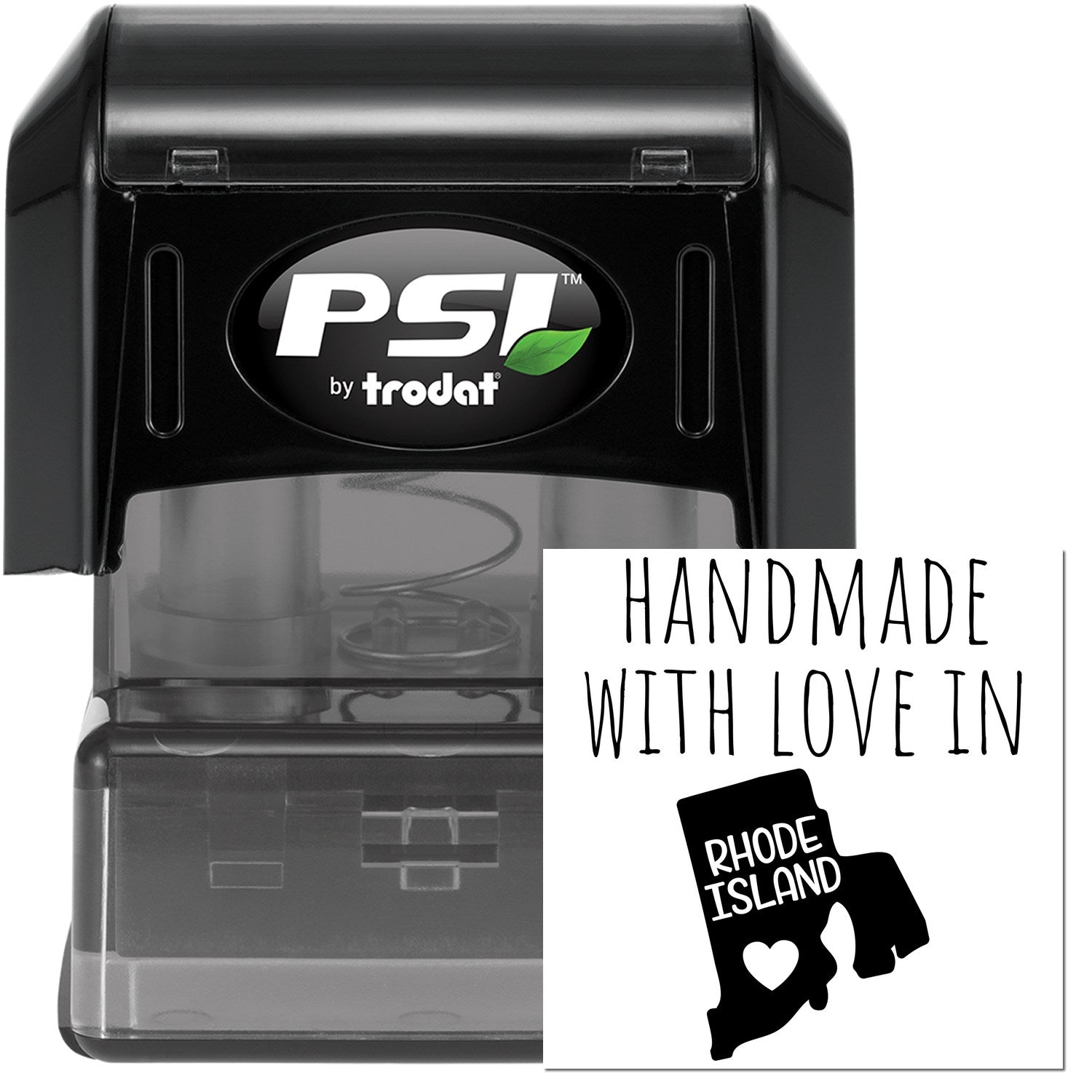 PSI Pre-Inked Handmade with Love in Rhode Island stamp, featuring a black casing and a design with a heart inside the state outline. Perfect for personalized crafting and gifts.