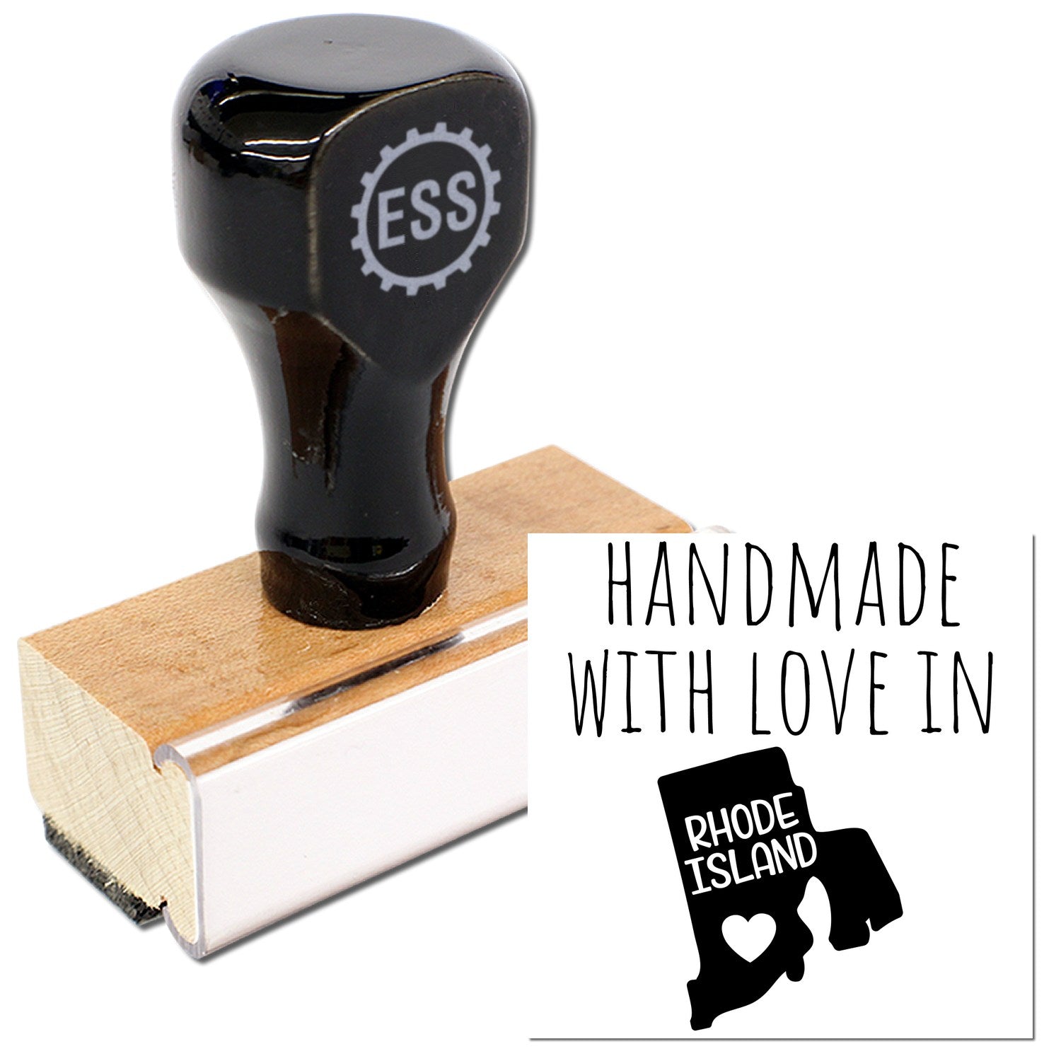 Wood Handle Rhode Island Handmade with Love Rubber Stamp featuring a black handle and wooden base, showcasing a Handmade with Love in Rhode Island design. Perfect for crafts and gifts.