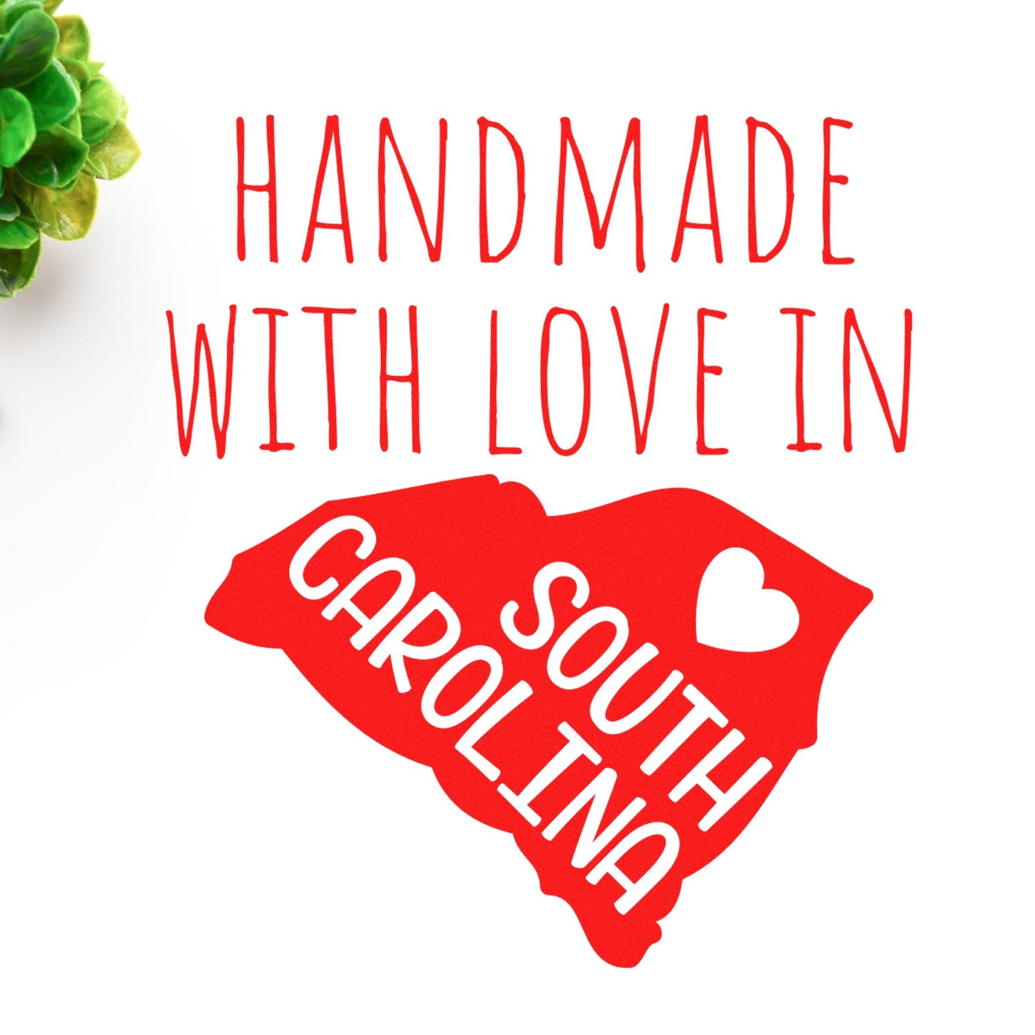 Self-Inking South Carolina Handmade with Love Stamp featuring a red state outline with a heart and text. Perfect for crafts and gifts.