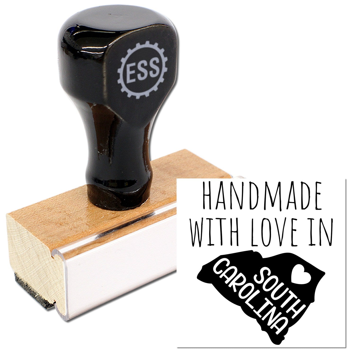 Wood Handle South Carolina Handmade with Love Rubber Stamp featuring a sleek black top and natural wood base, perfect for adding a personal touch to crafts and gifts.