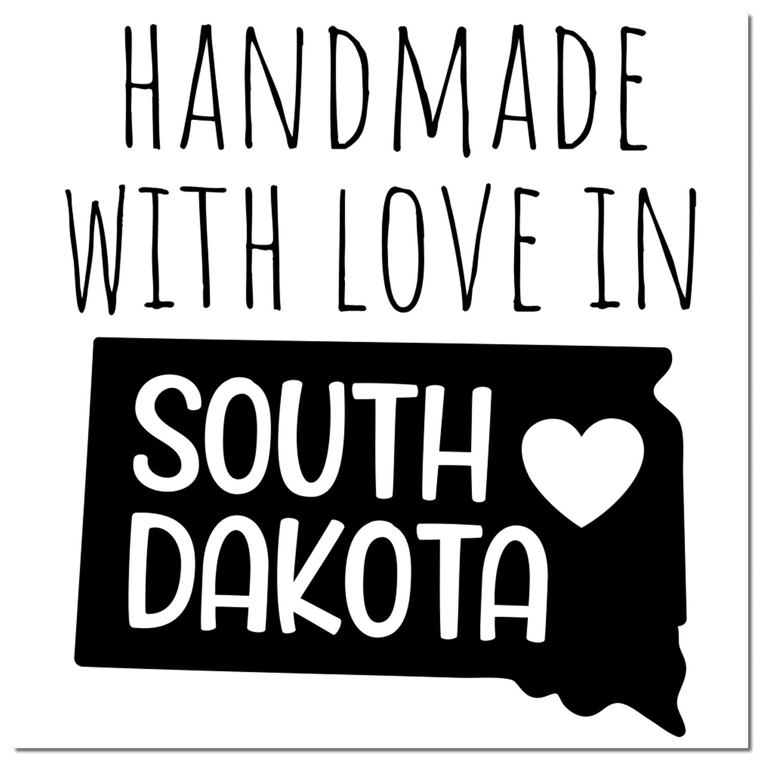 Wood Handle South Dakota Handmade with Love Rubber Stamp featuring a heart and state outline design, perfect for crafts and gifts.