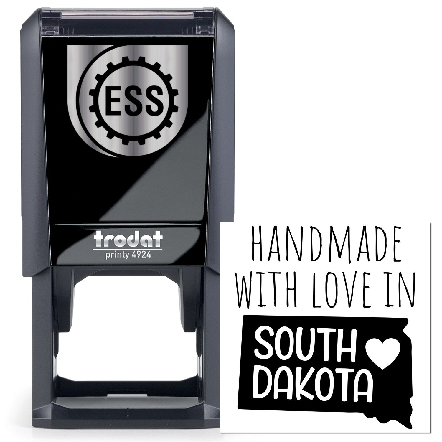 Self-Inking South Dakota Handmade with Love Stamp featuring a sleek black design and Handmade with Love in South Dakota text, perfect for crafts and personalized projects.