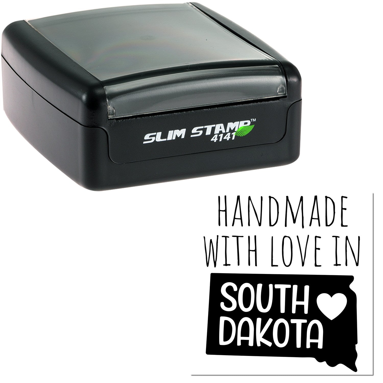 Handmade with Love in South Dakota Slim Pre-Inked Stamp, featuring a sleek black design with 'Slim Stamp 4141' branding, perfect for personalized stamping needs.