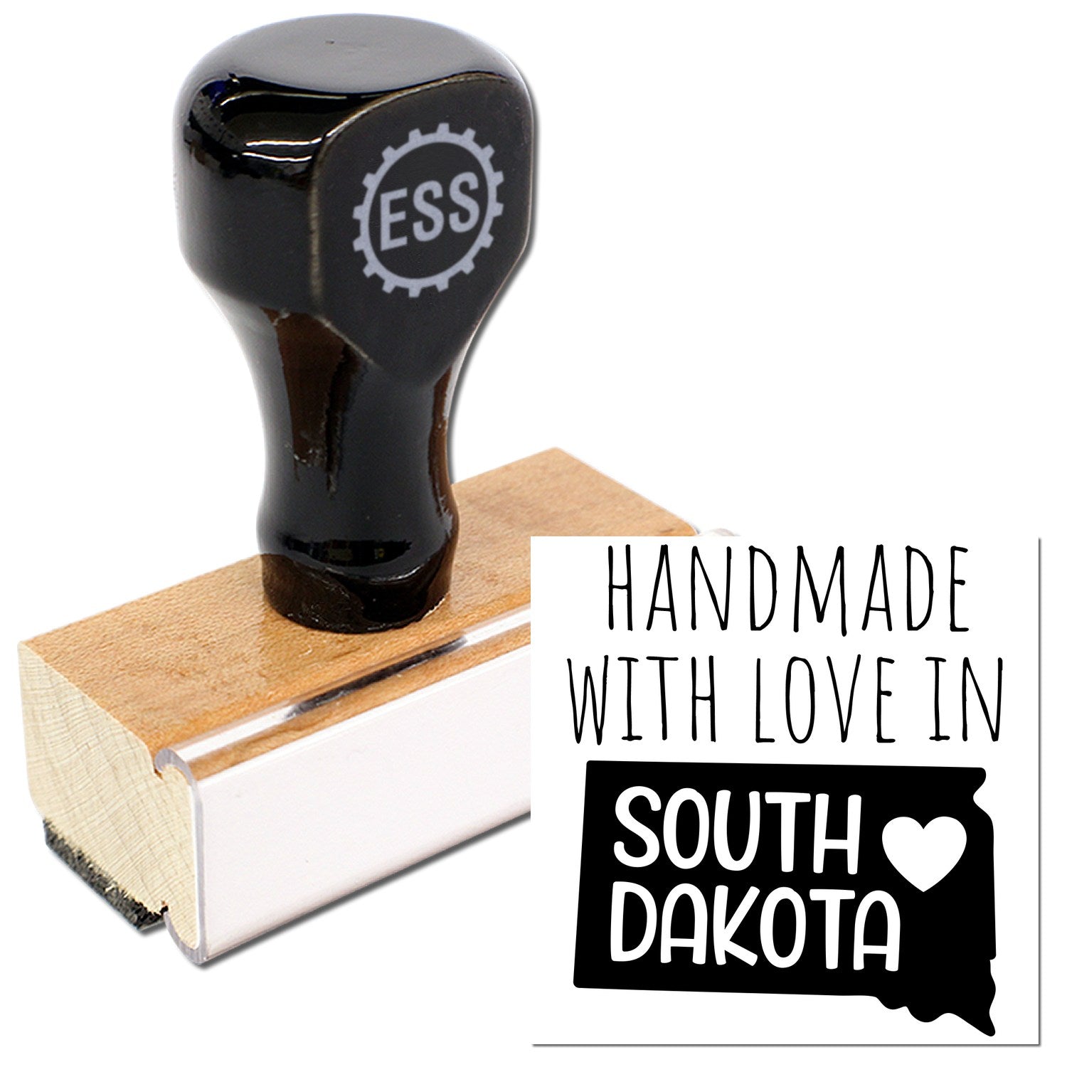 Wood Handle South Dakota Handmade with Love Rubber Stamp featuring a black handle and wooden base, alongside a Handmade with Love in South Dakota imprint design. Perfect for crafts and gifts.