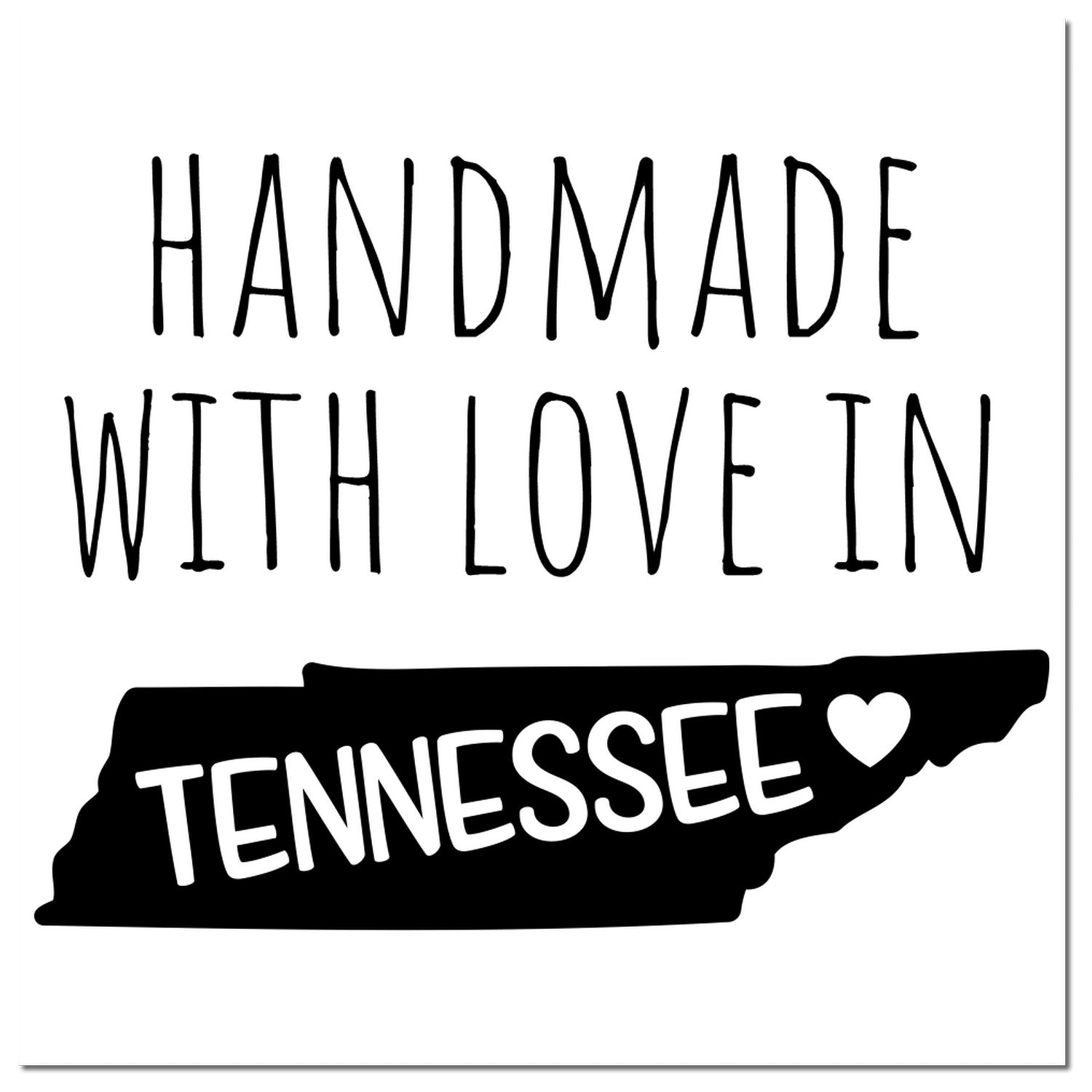 Wood Handle Tennessee Handmade with Love Rubber Stamp featuring 'Handmade with Love in Tennessee' text and state outline design. Perfect for crafts and personalized projects.