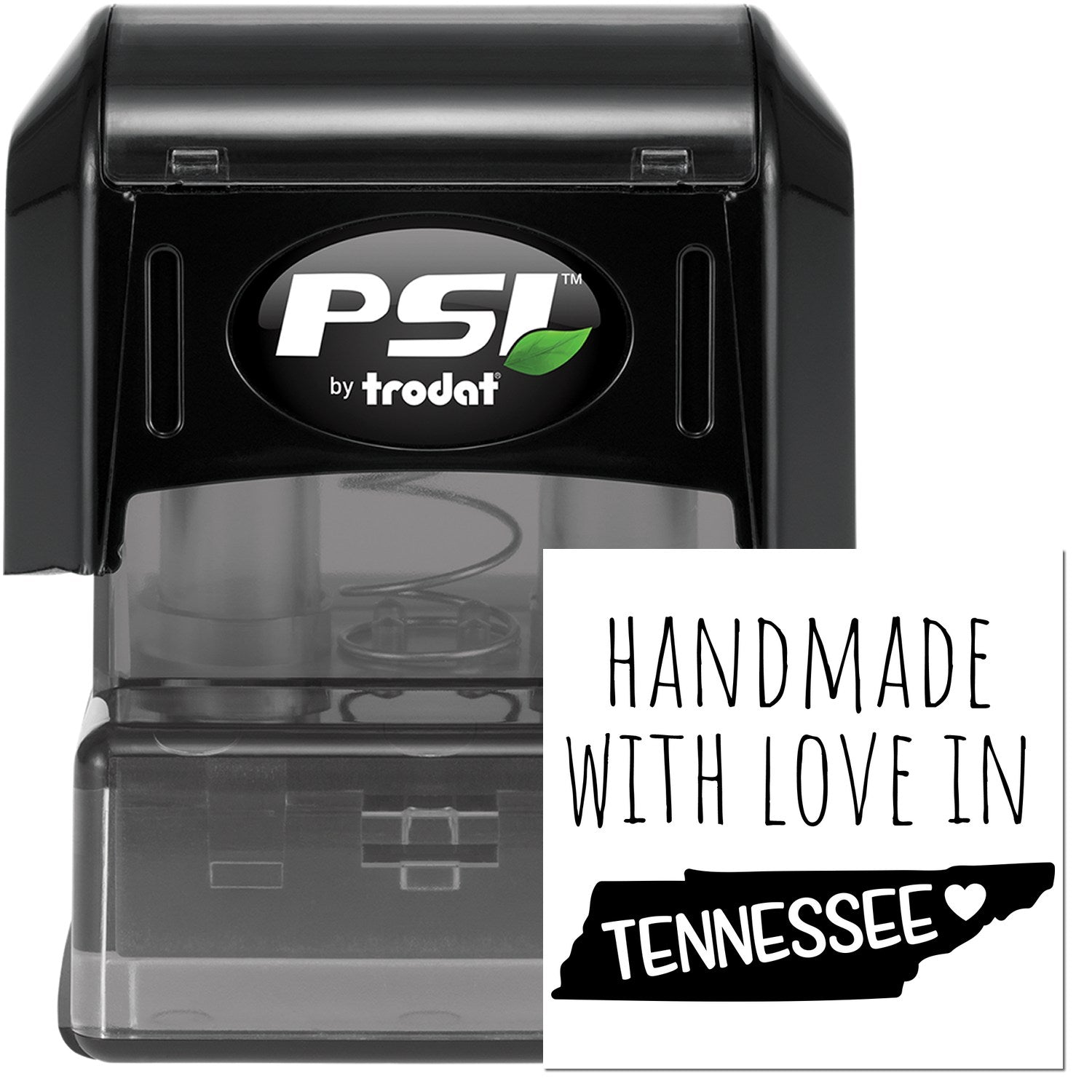 PSI Pre-Inked Stamp, Handmade with Love in Tennessee, features a sleek black design with clear casing, showcasing the phrase and a heart over the state outline. Perfect for personalized stamping.