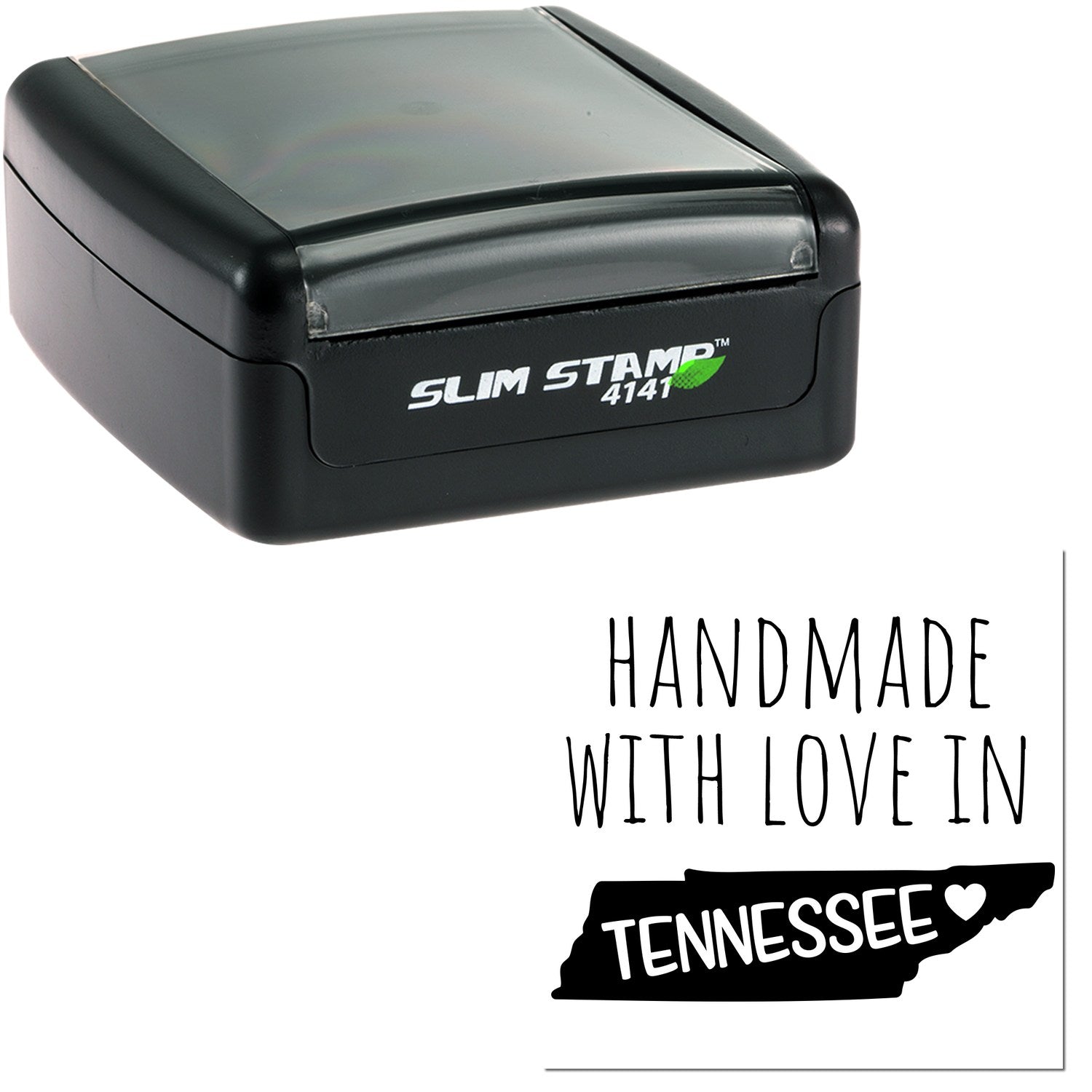 Handmade with Love in Tennessee Slim Pre-Inked Stamp, featuring a sleek black design with 'Slim Stamp 4141' branding, perfect for crafting and personalizing projects.