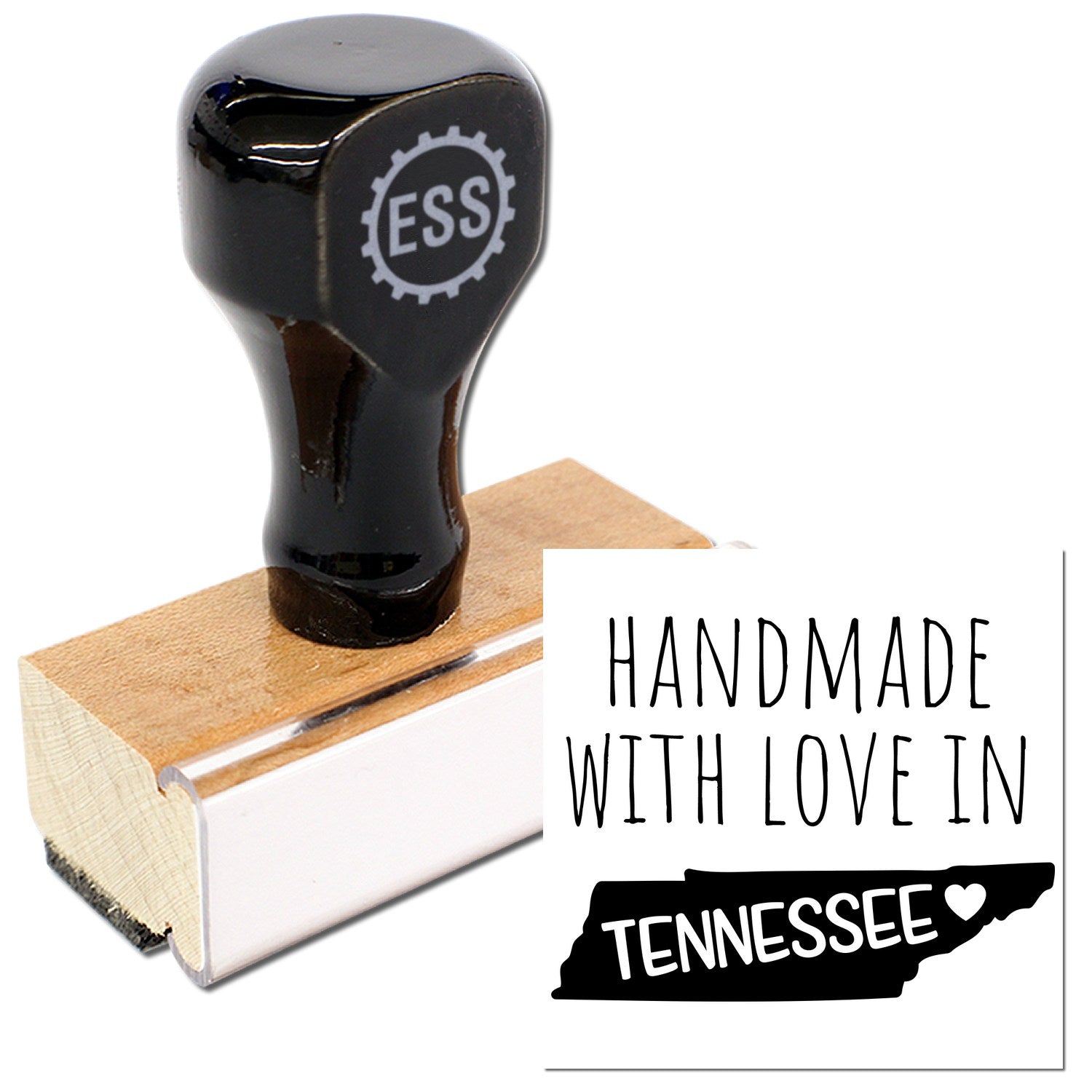 Wood Handle Tennessee Handmade with Love Rubber Stamp featuring a sleek black handle and engraved wooden base, perfect for adding a personal touch to crafts and stationery.