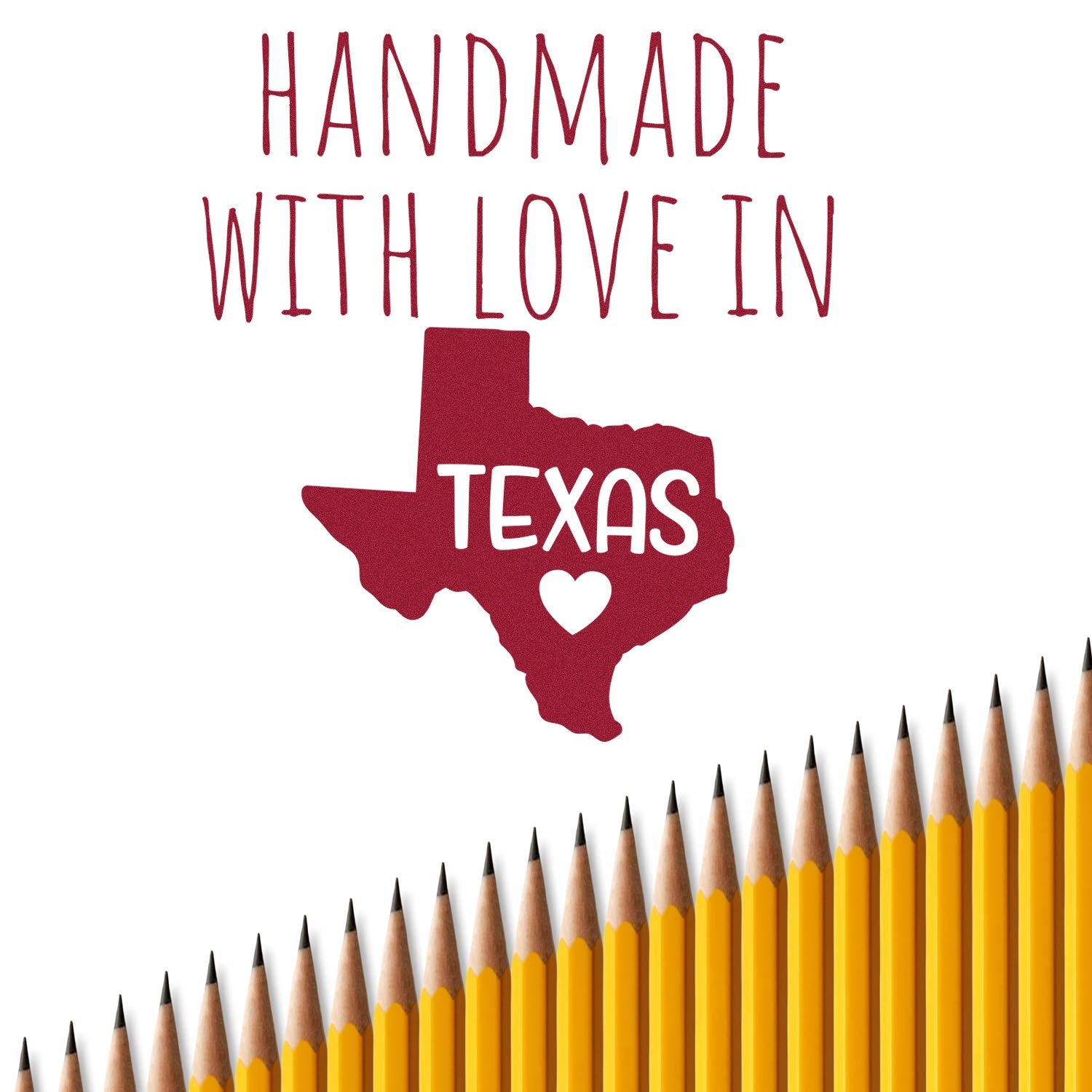 Self-Inking Texas Handmade with Love Stamp featuring a red Texas outline with a heart, above a row of yellow pencils. Perfect for adding a personal touch to crafts and gifts.